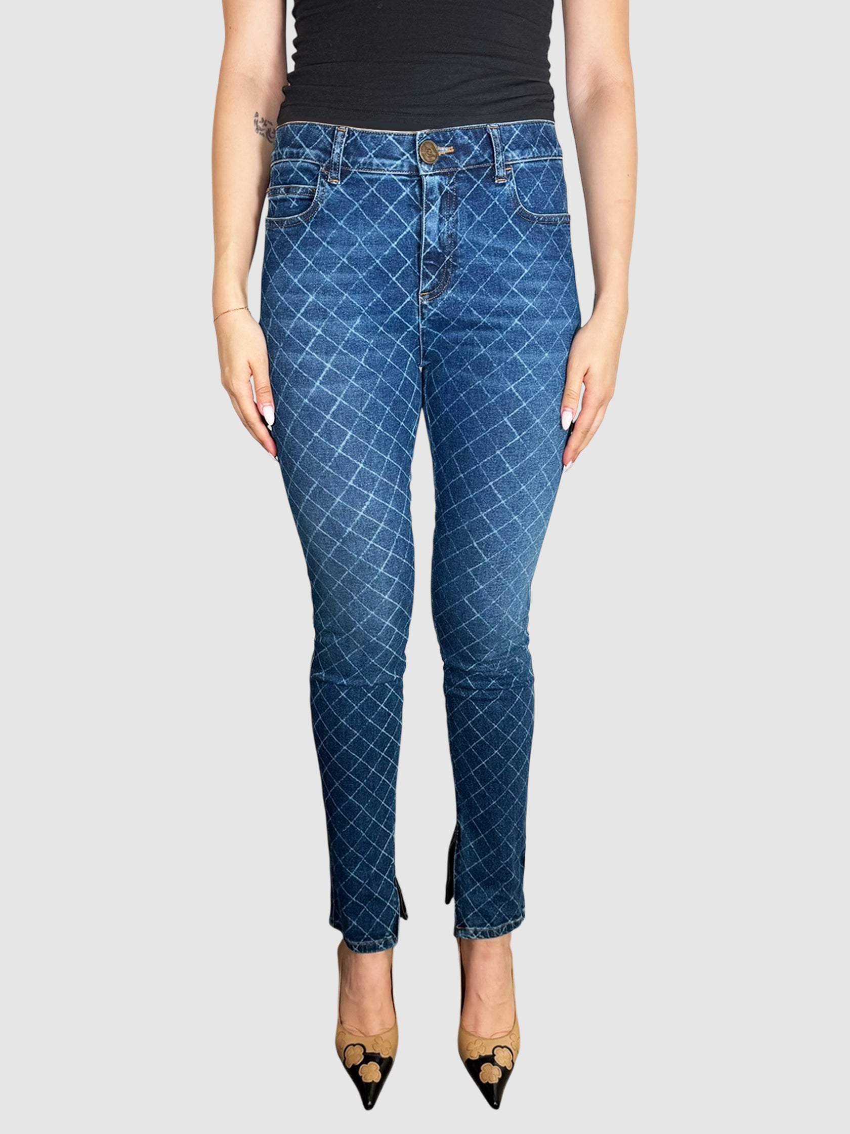 Chanel 2017 Blue Medium Wash Quilt Print Skinny Jeans with Split Hem, Size 40 Luxury designer resale denim consignment toronto canada secondhand
