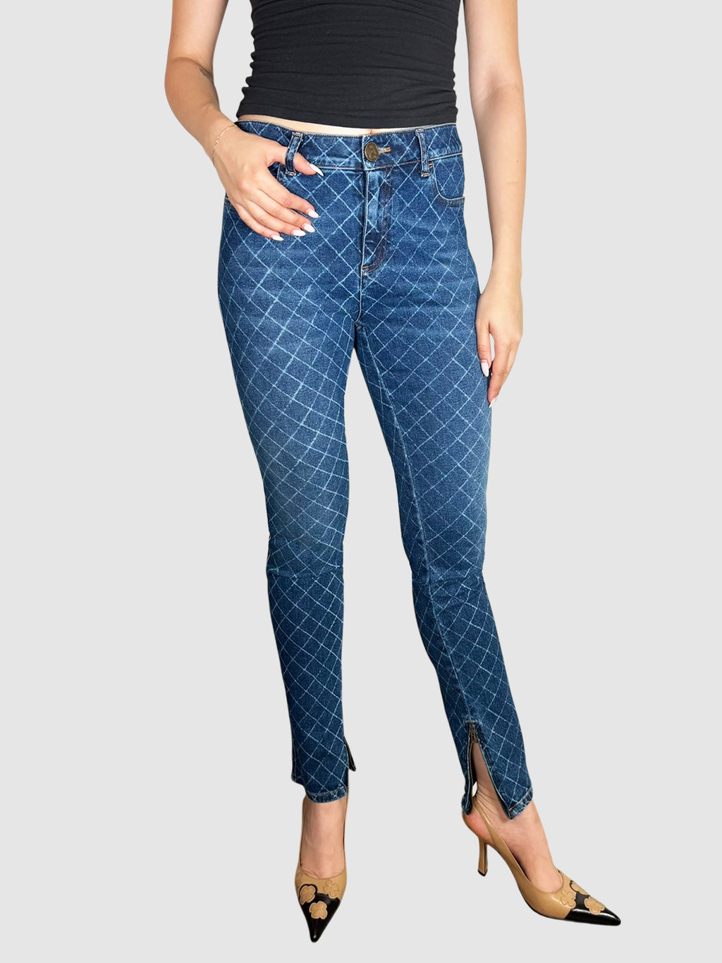 Chanel 2017 Blue Medium Wash Quilt Print Skinny Jeans with Split Hem, Size 40 Luxury designer resale denim consignment toronto canada secondhand