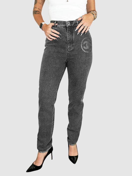 Chanel Dark Grey Wash CC Tapered Leg Denim Pants with Shimmery Metallic Lining, Size 40 Designer Luxury Resale Secondhand Toronto