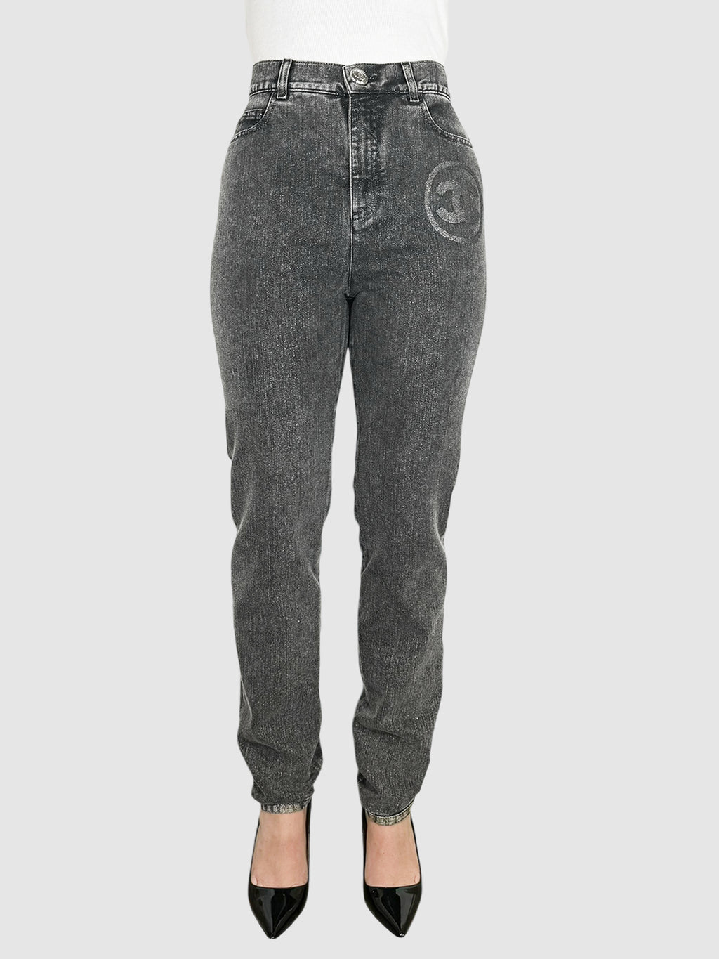 Chanel Dark Grey Wash CC Tapered Leg Denim Pants with Shimmery Metallic Lining, Size 40 Designer Luxury Resale Secondhand Toronto