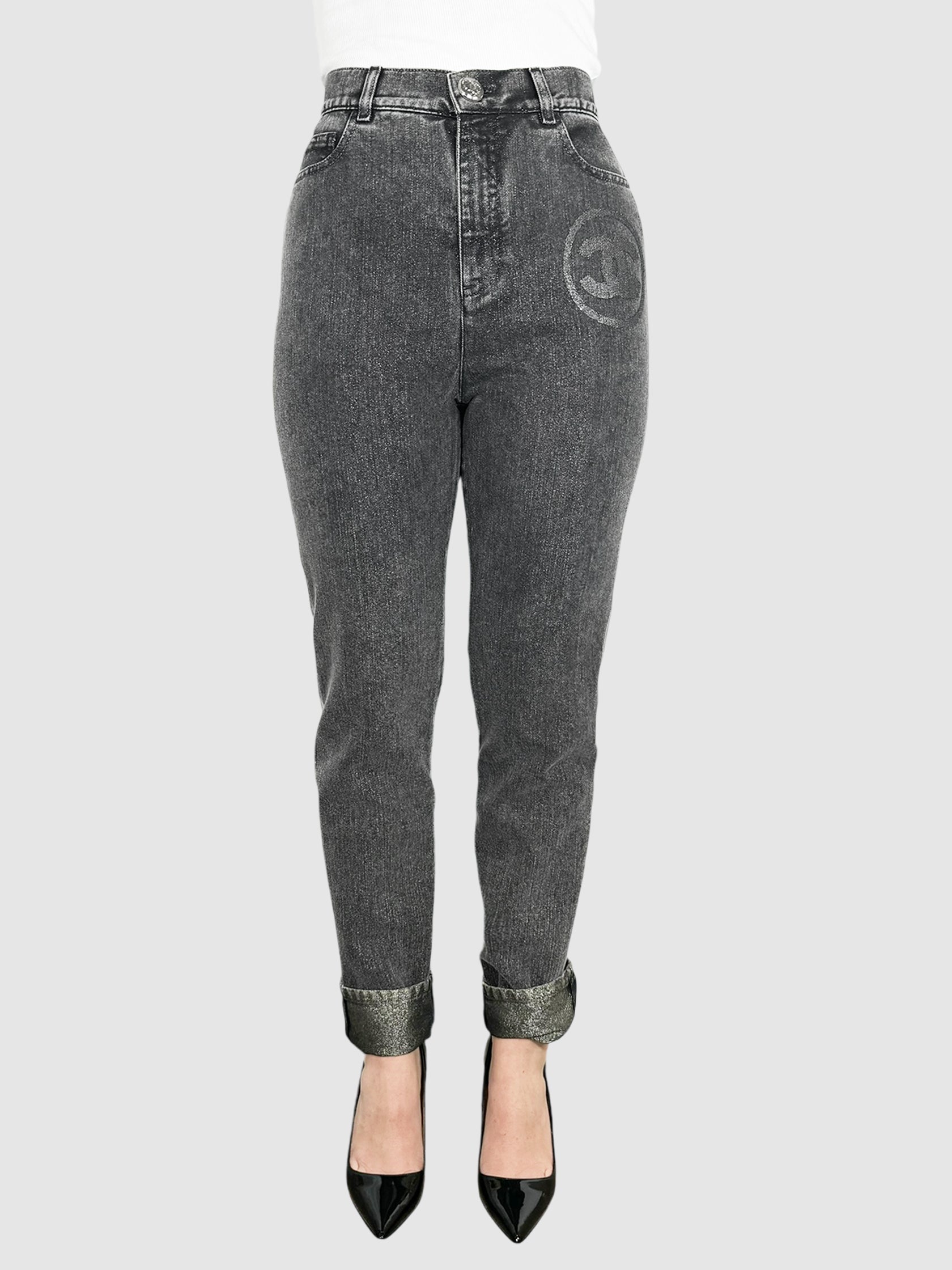 Chanel Dark Grey Wash CC Tapered Leg Denim Pants with Shimmery Metallic Lining, Size 40 Designer Luxury Resale Secondhand Toronto