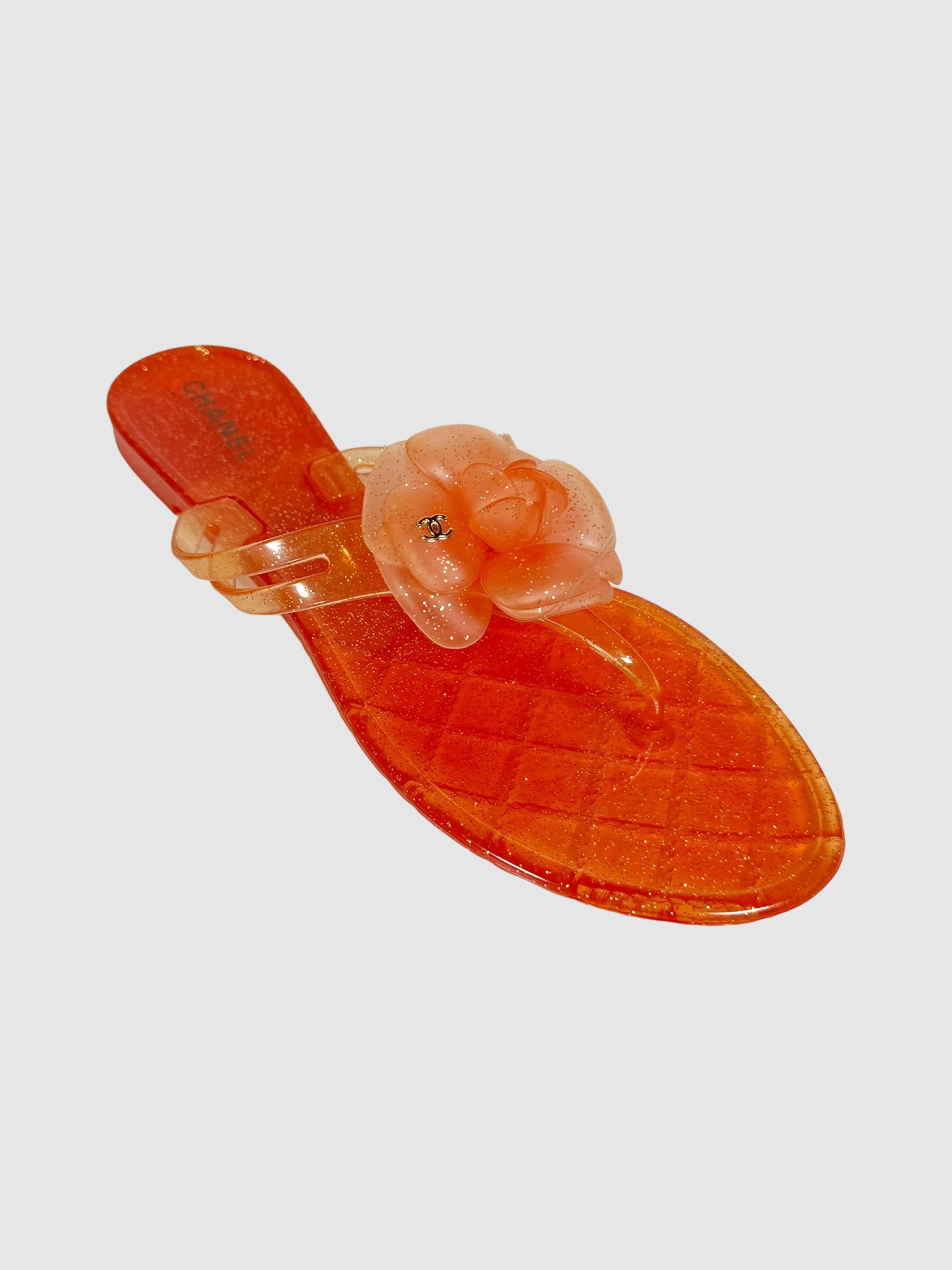 Chanel Orange Jelly Camellia Glitter Thong Sandals Size 41 Consignment Secondhand Designer Luxury Resale Toronto Trendy