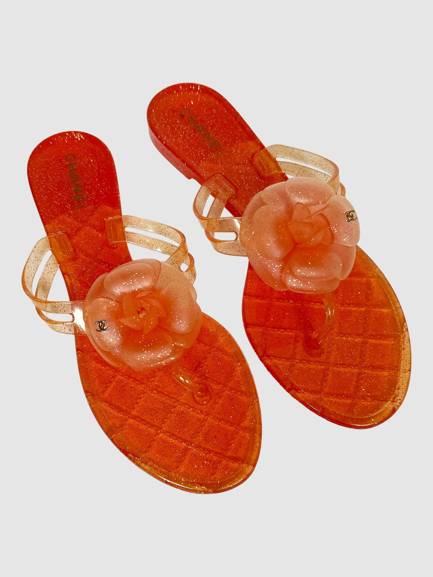 Chanel Orange Jelly Camellia Glitter Thong Sandals Size 41 Consignment Secondhand Designer Luxury Resale Toronto Trendy