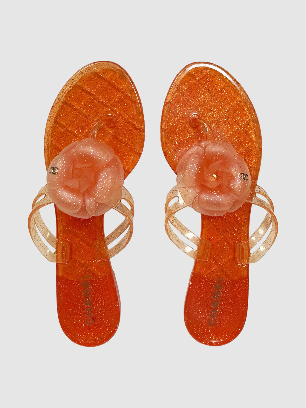Chanel Orange Jelly Camellia Glitter Thong Sandals Size 41 Consignment Secondhand Designer Luxury Resale Toronto Trendy