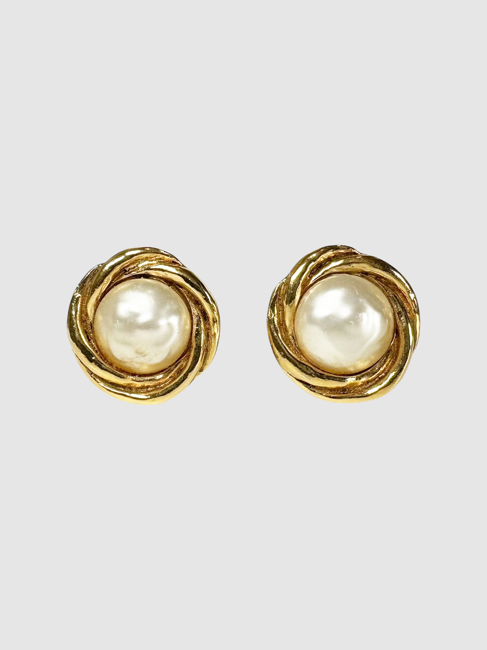 Chanel 1980 Gold-Plated Faux Pearl Clip-On Earrings Luxury Designer Resale Consignment Toronto Secondhand Vintage Accessories Vespucci VSP Oliver's Mine & Your's Fashionably Yours