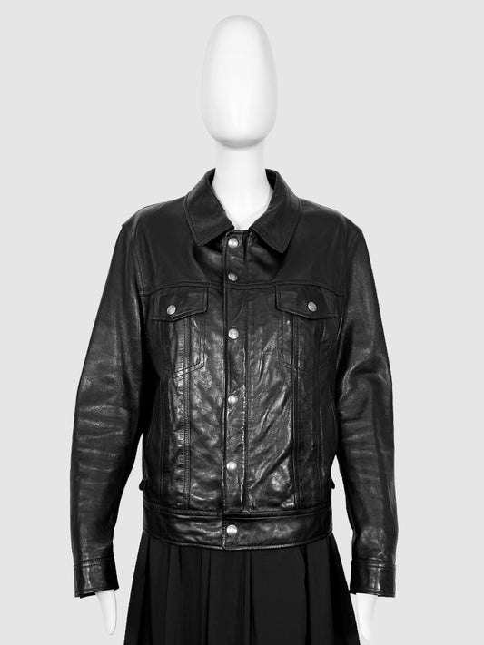 Tom Ford Black Zip and Snap Button Up Leather Trucker Jacket with Silver-Tone Hardware Size 50 Consignment Secondhand Designer Luxury Resale Toronto Trendy