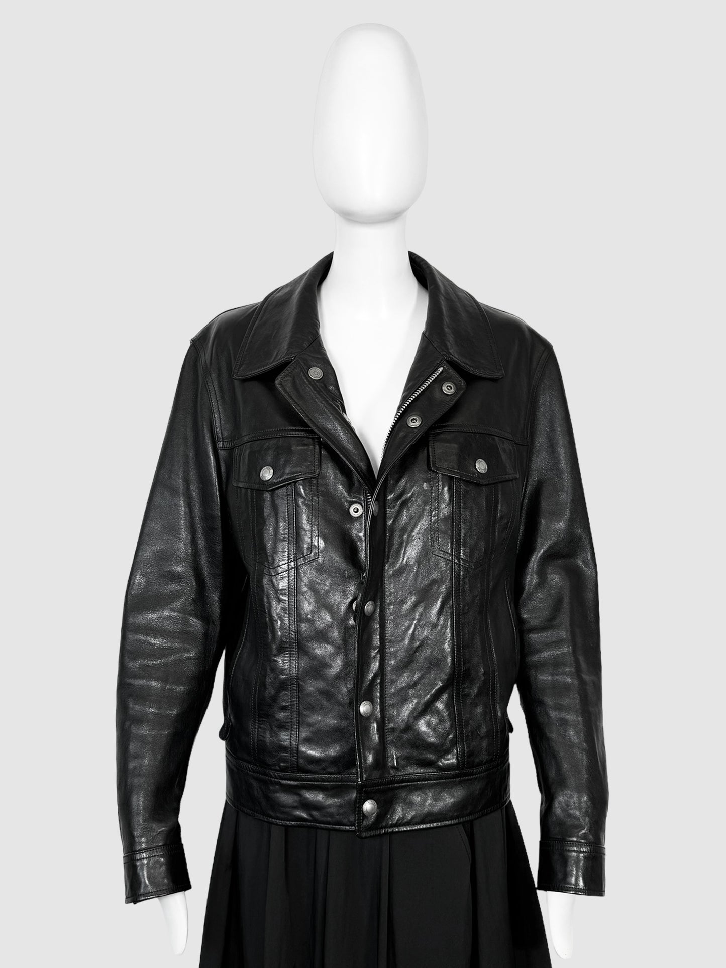 Tom Ford Black Zip and Snap Button Up Leather Trucker Jacket with Silver-Tone Hardware Size 50 Consignment Secondhand Designer Luxury Resale Toronto Trendy