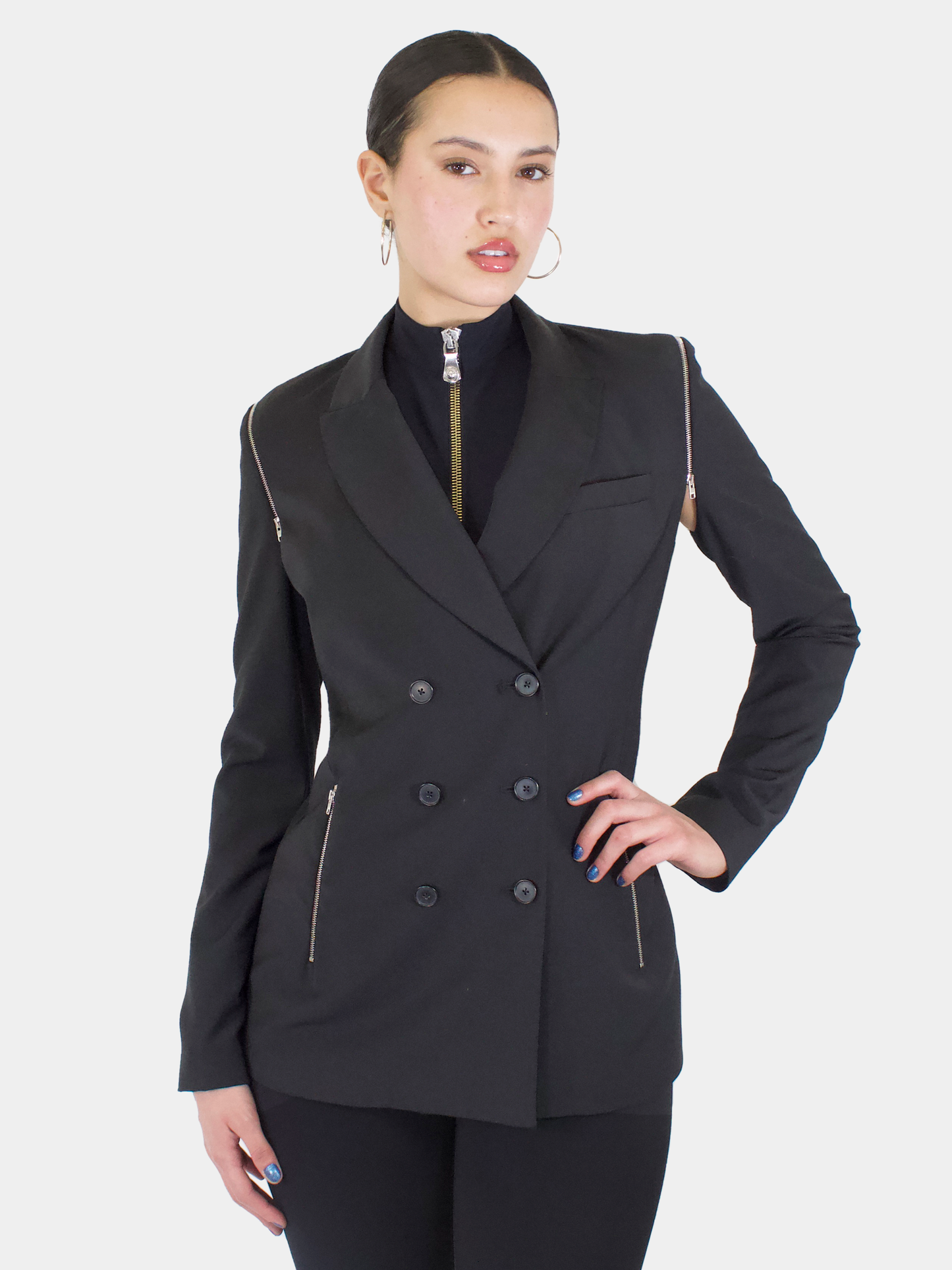 Zip Embellished Wool Blazer - Size 8