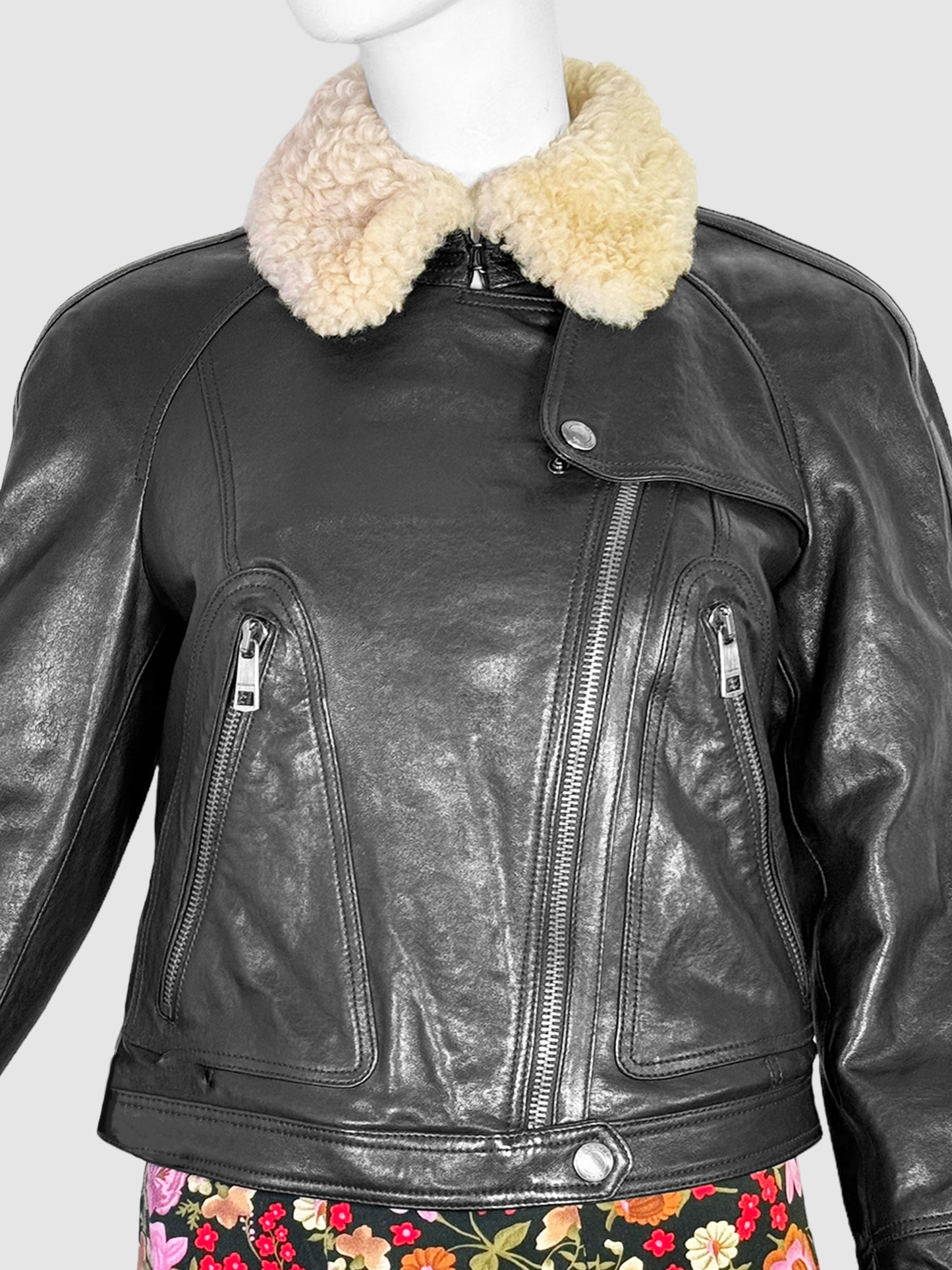 Burberry Leather Jacket with Shearling Collar - Size 8