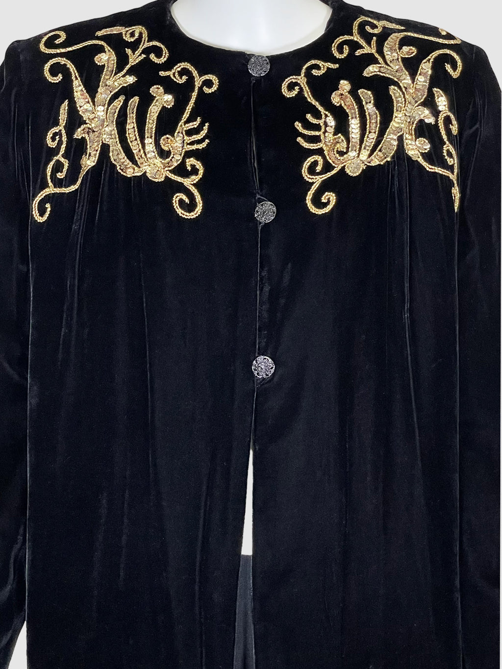 Valentino Black Velvet Button-Up Jacket with Gold Sequin Embellishing, Size Medium Vintage Secondhand Consignment Event