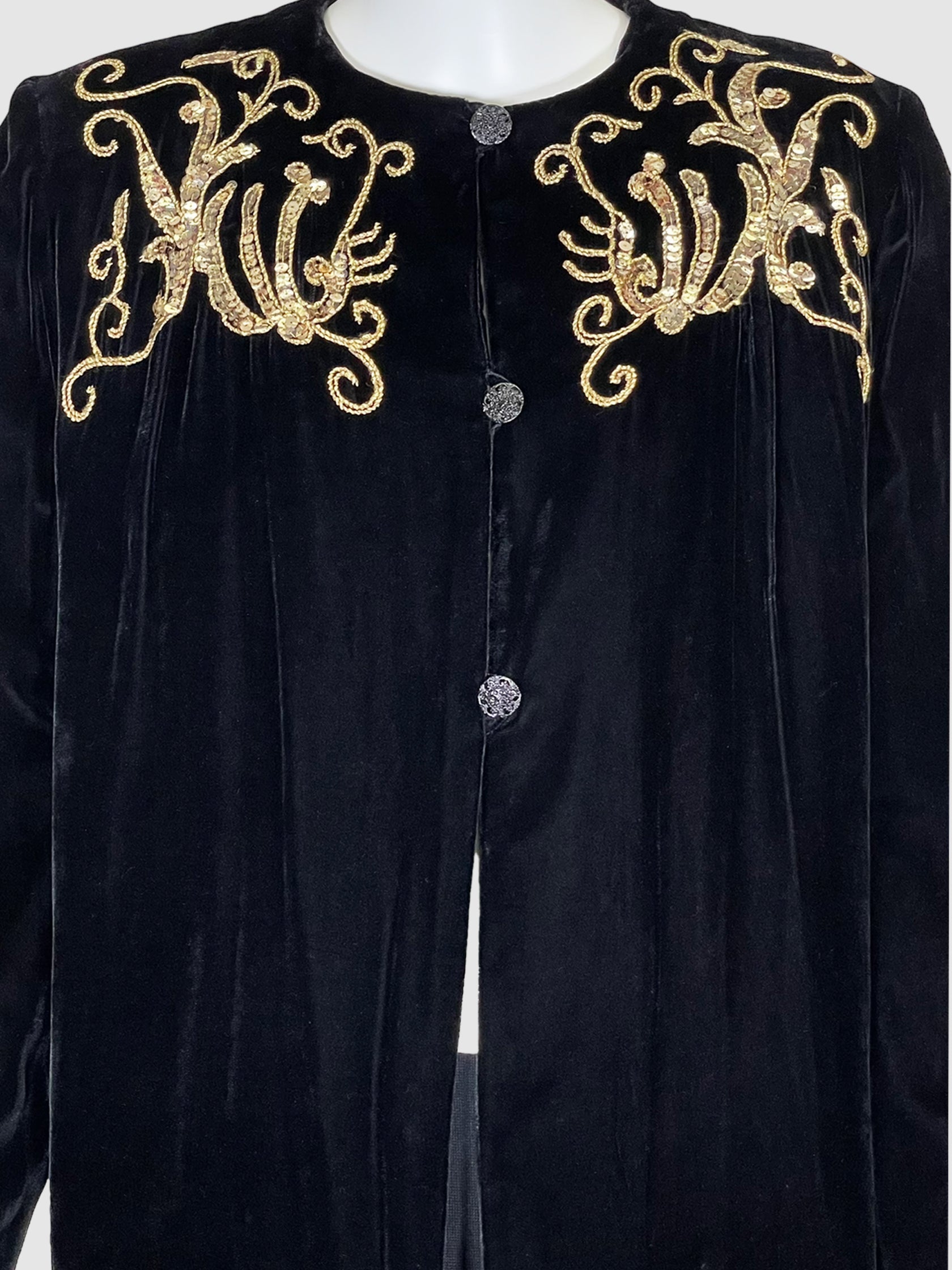 Valentino Black Velvet Button-Up Jacket with Gold Sequin Embellishing, Size Medium Vintage Secondhand Consignment Event