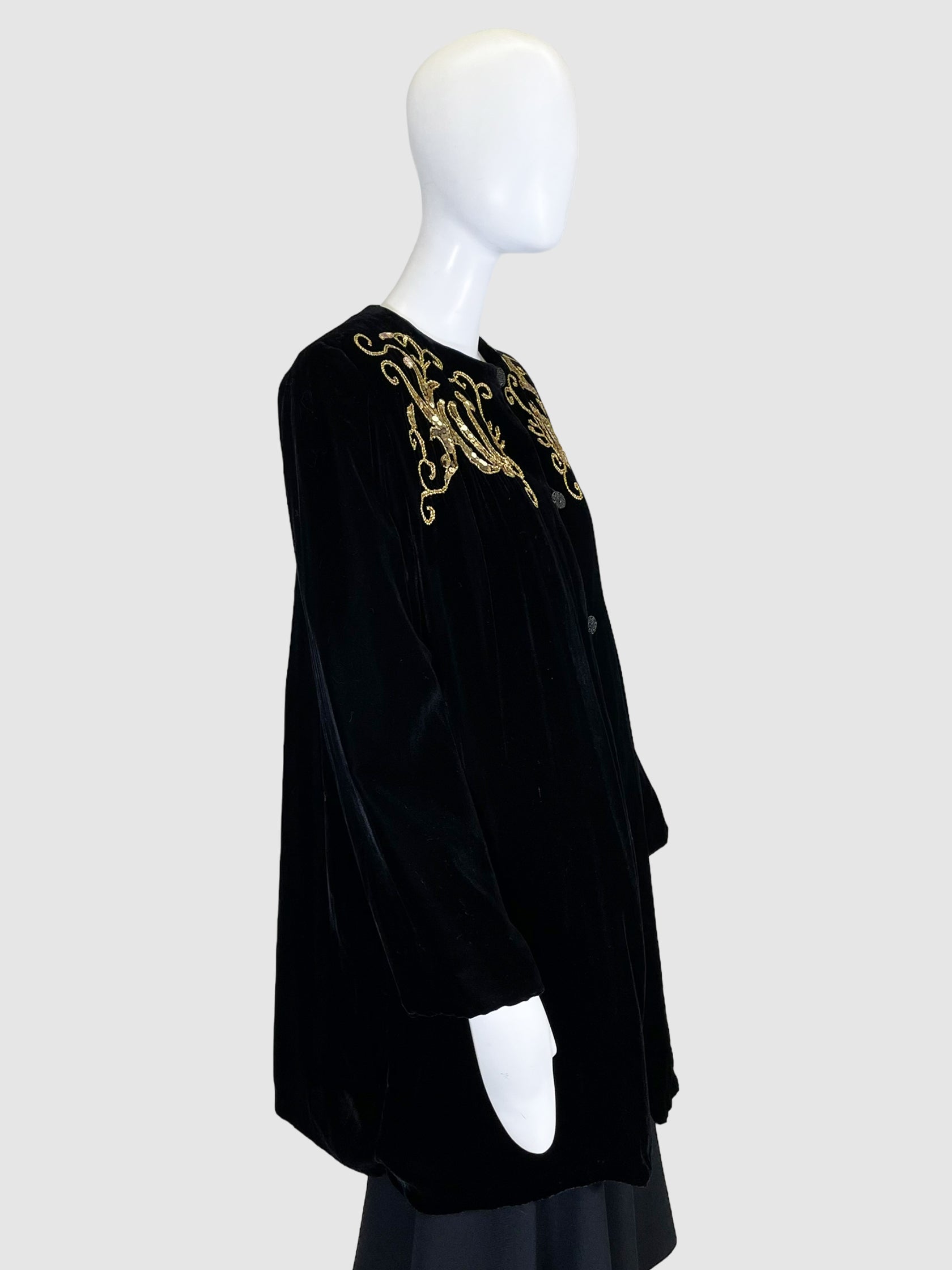 Valentino Black Velvet Button-Up Jacket with Gold Sequin Embellishing, Size Medium Vintage Secondhand Consignment Event