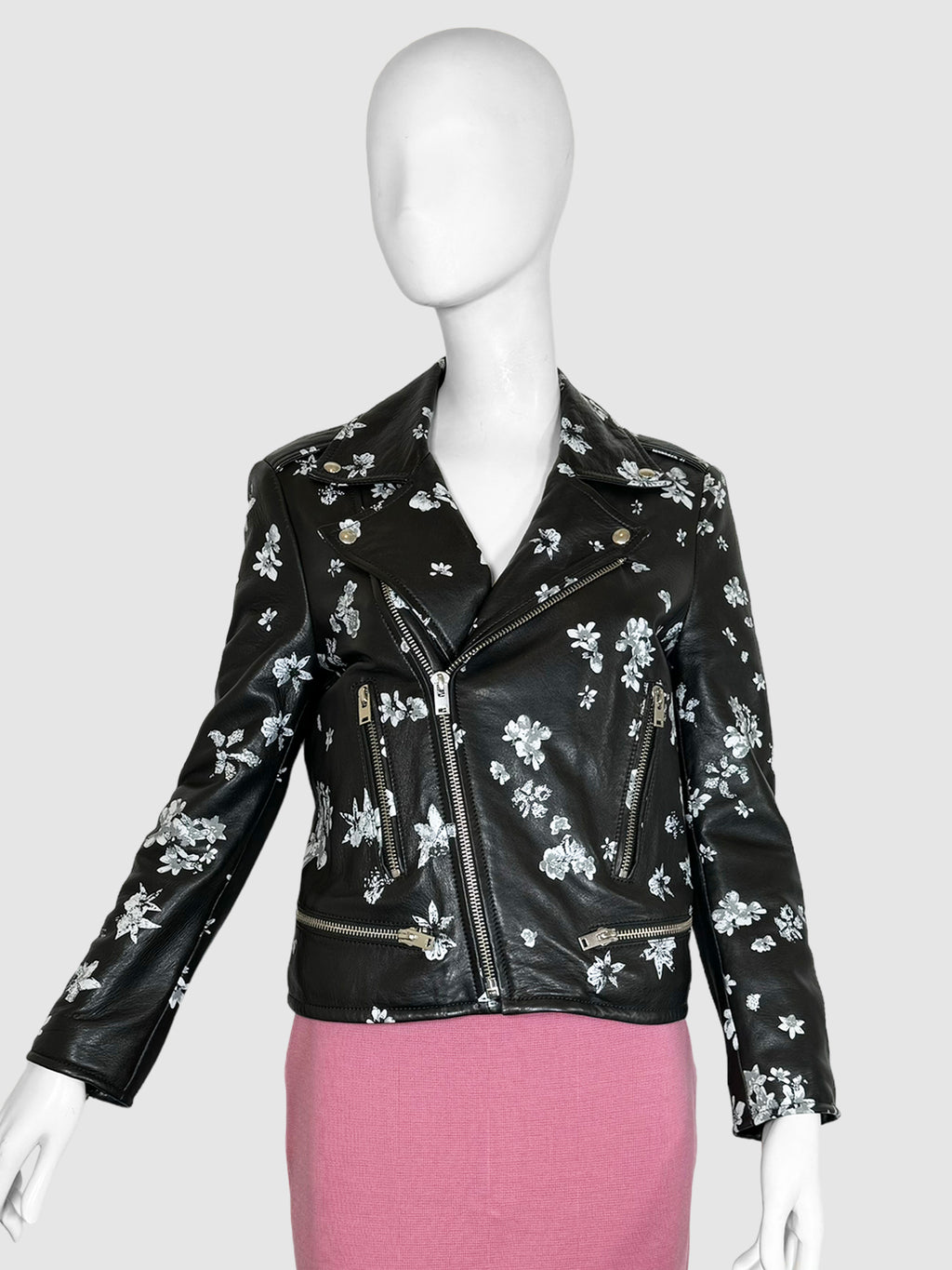 Floral Print Leather Moto Jacket - Size 40