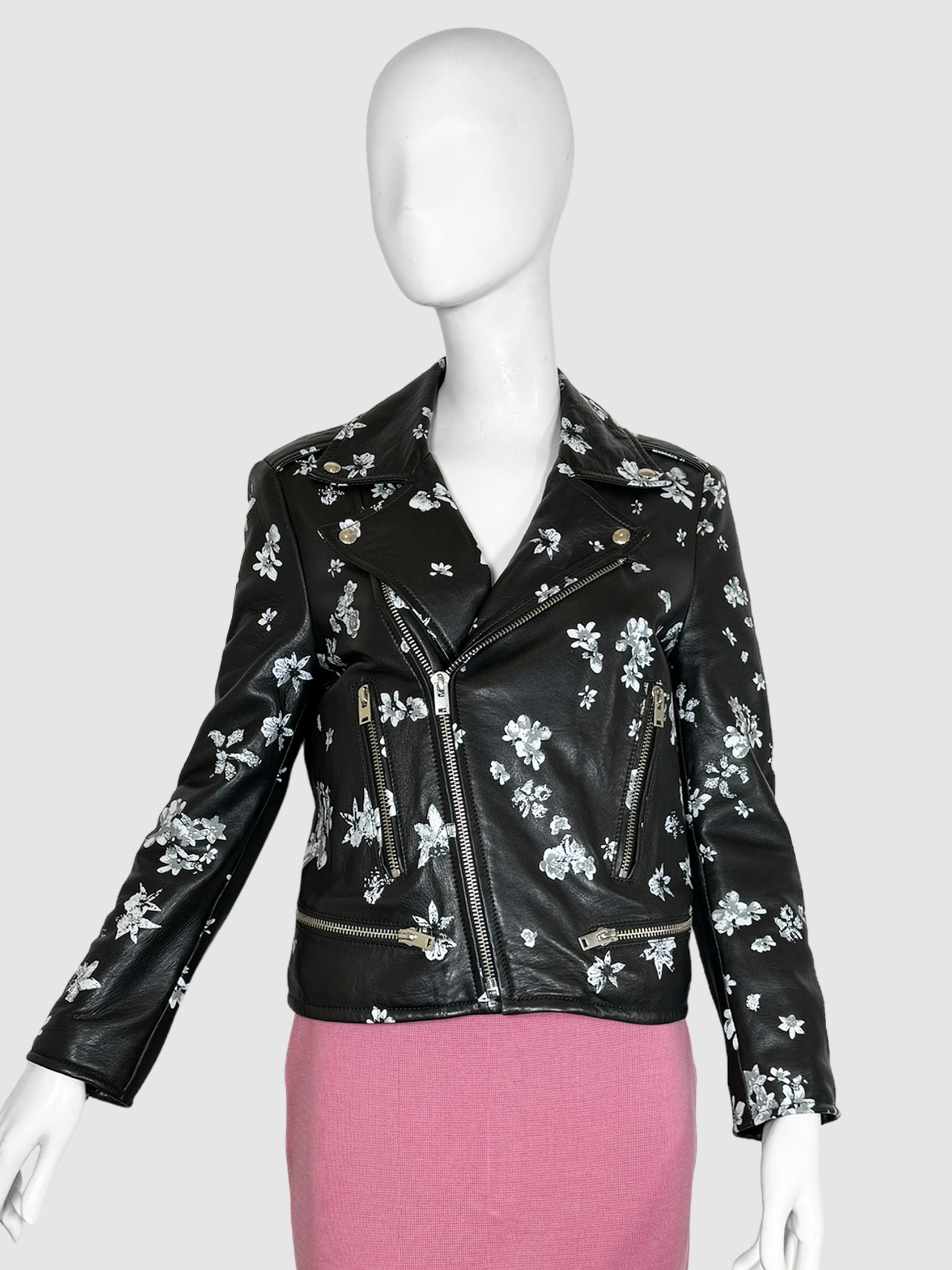 Floral Print Leather Moto Jacket - Size 40