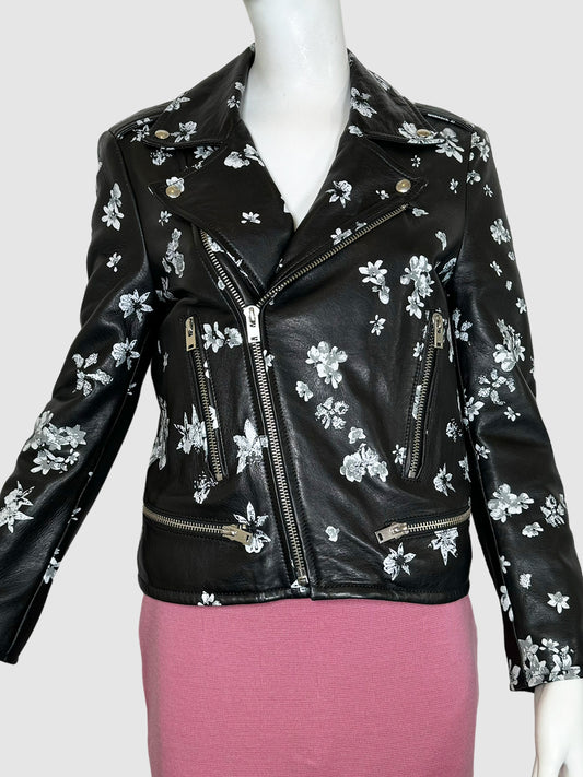 Floral Print Leather Moto Jacket - Size 40