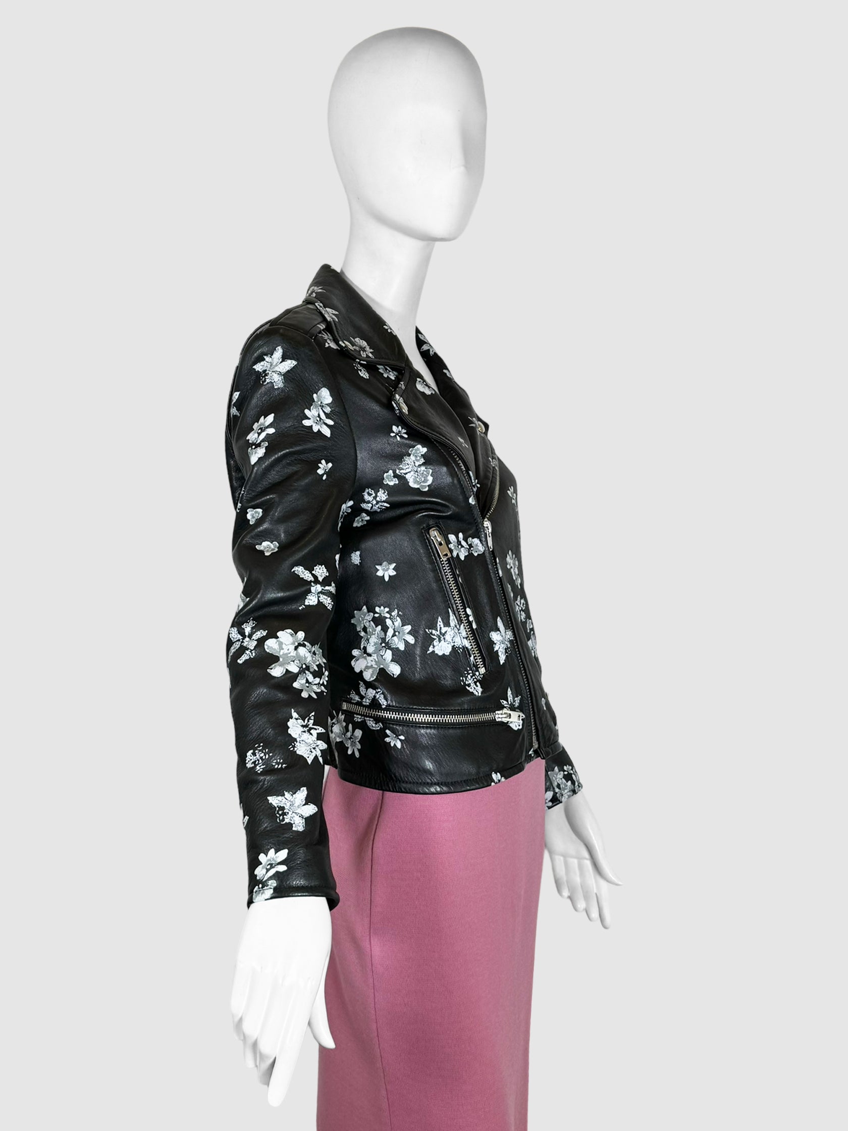 Floral Print Leather Moto Jacket - Size 40