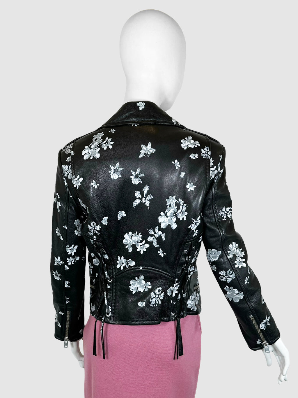Floral Print Leather Moto Jacket - Size 40
