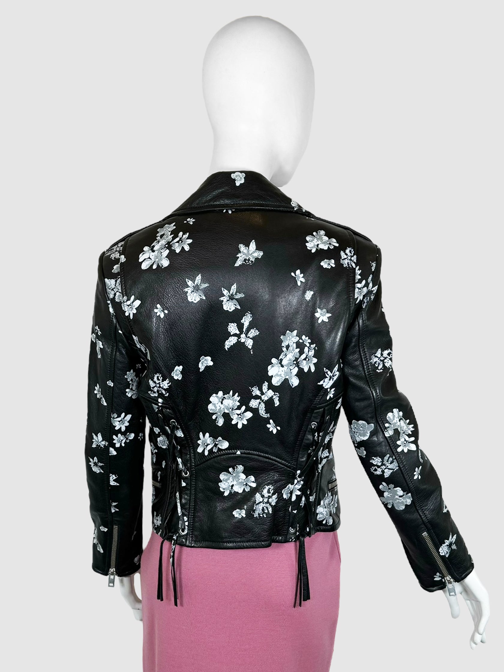 Floral Print Leather Moto Jacket - Size 40
