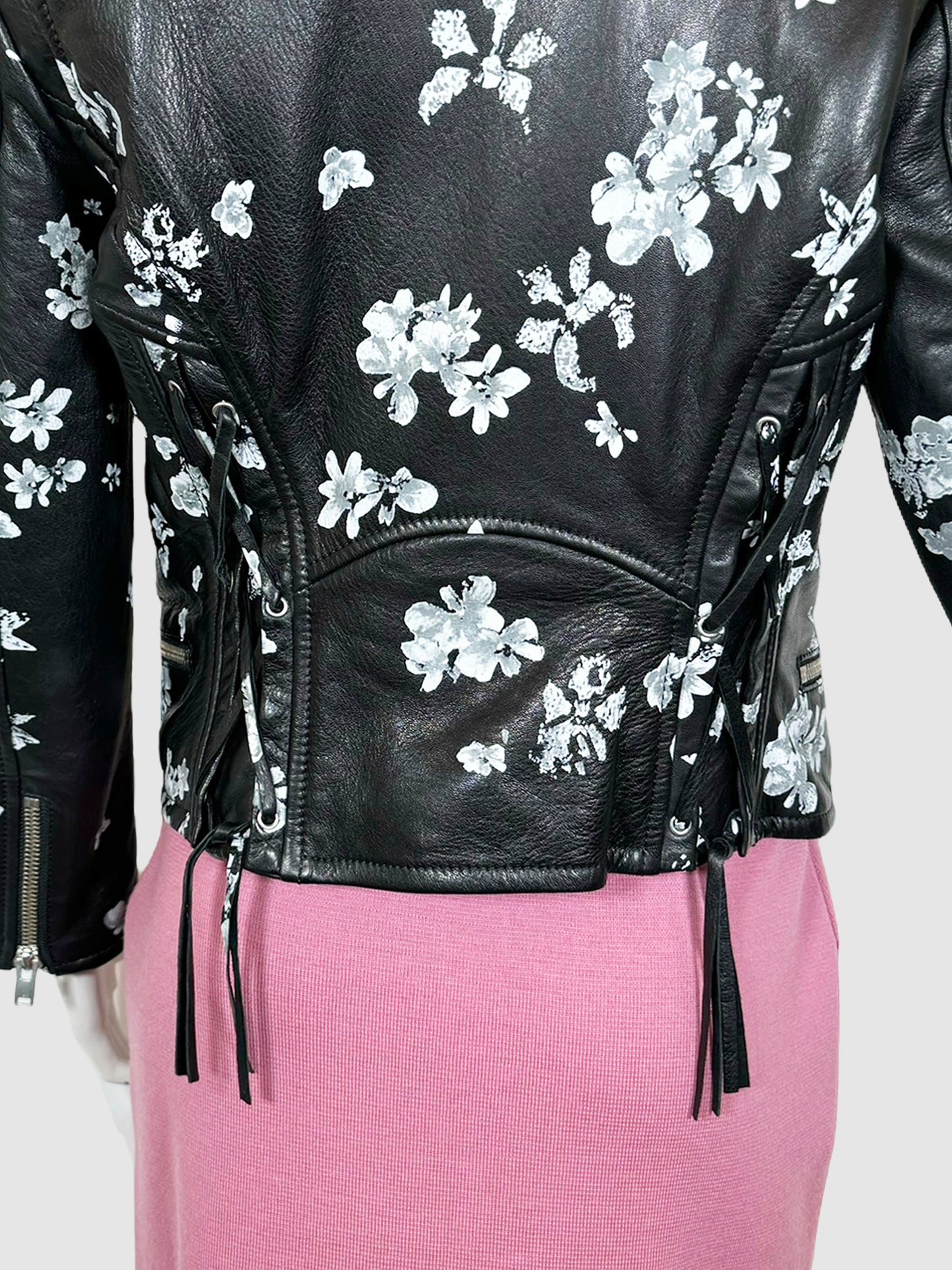 Floral Print Leather Moto Jacket - Size 40