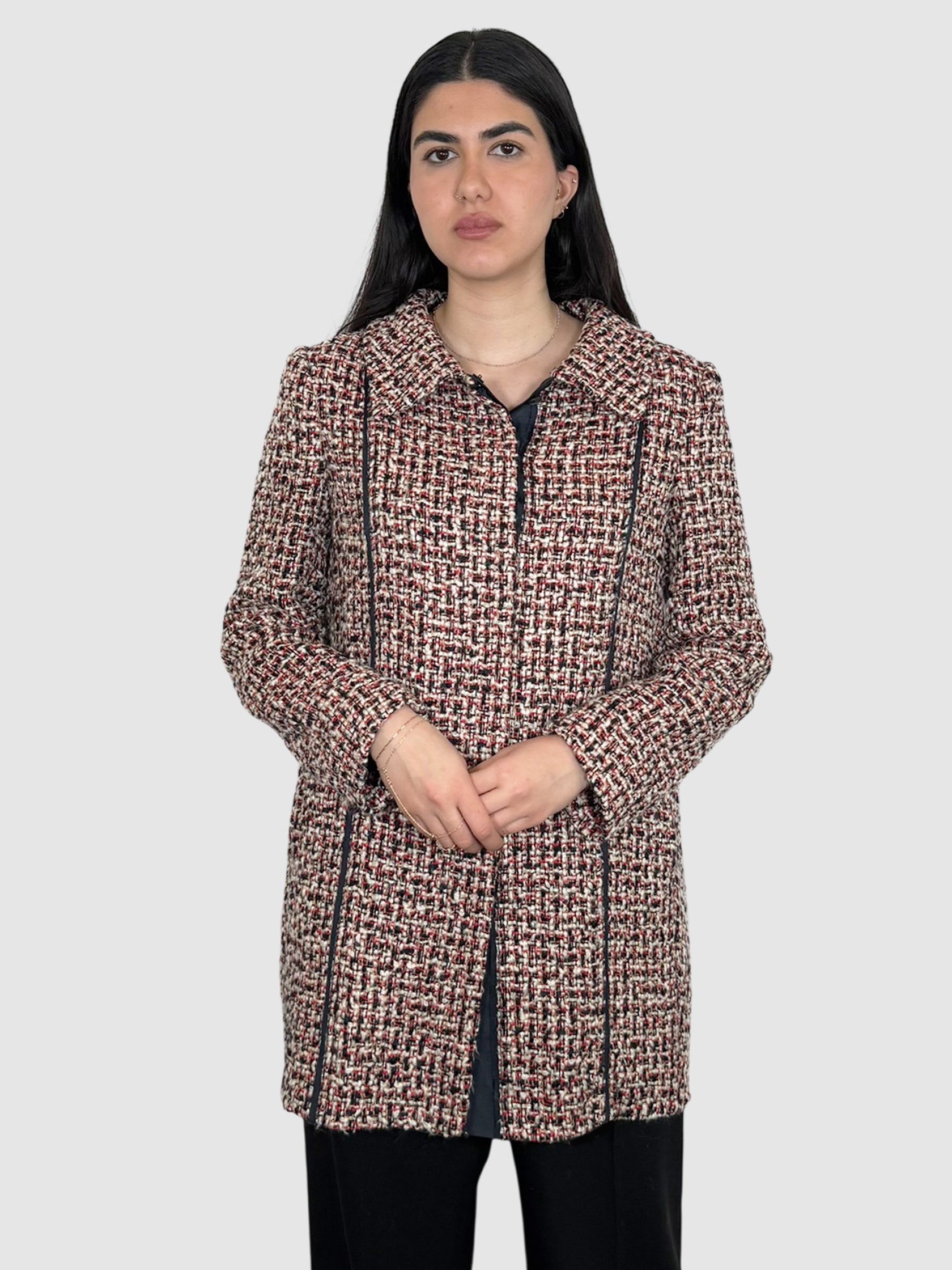 Prada Red, Cream, and Black Tweed Button-Up Coat, Size 42 luxury designer resale consignment toronto secondhand canada