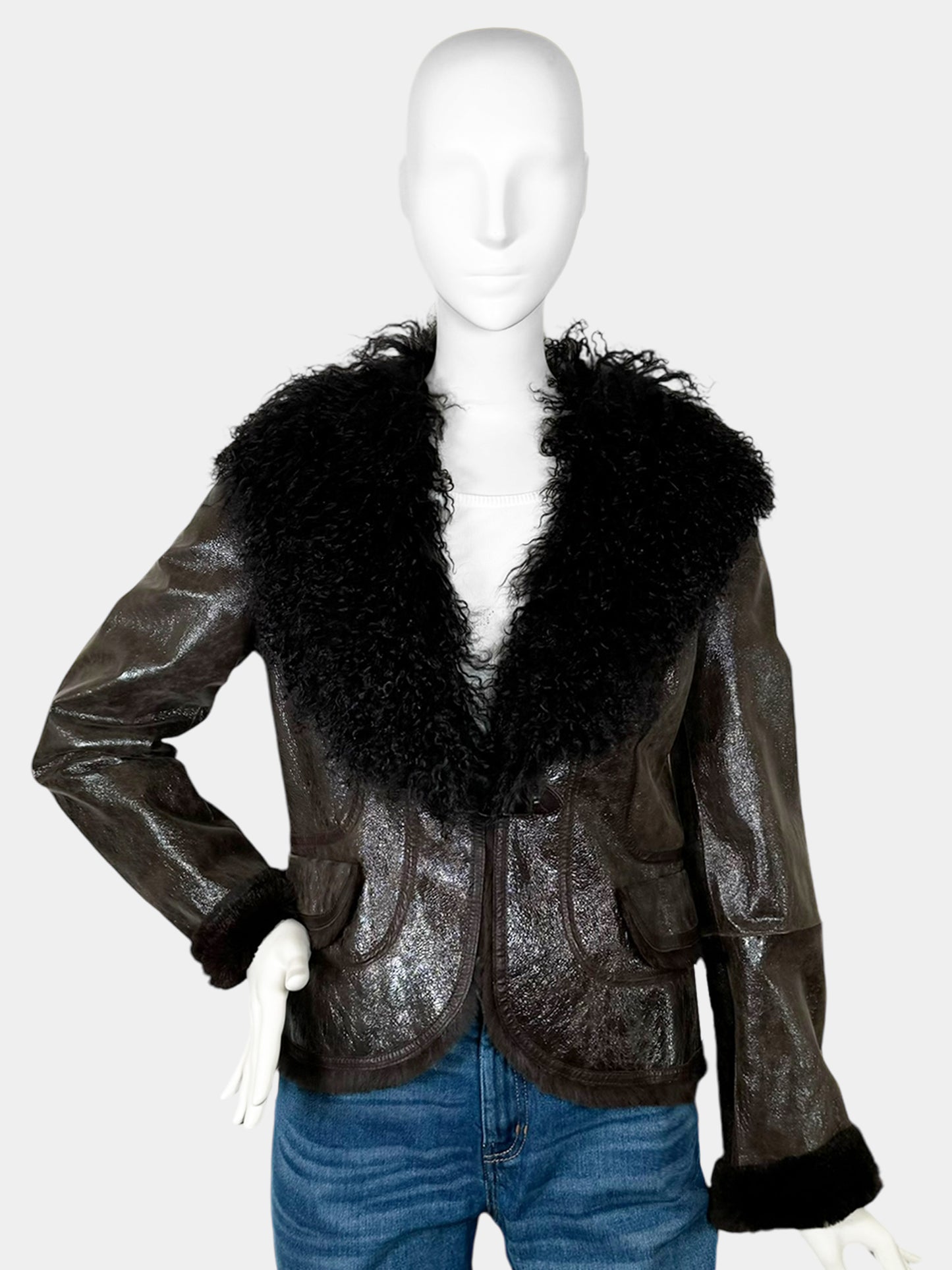 Fur Trim Patent Leather Jacket - Size 3