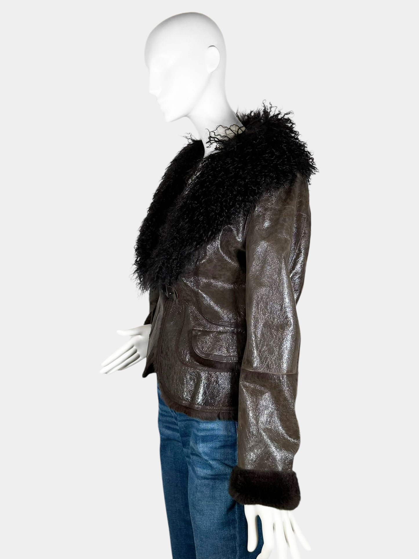 Fur Trim Patent Leather Jacket - Size 3