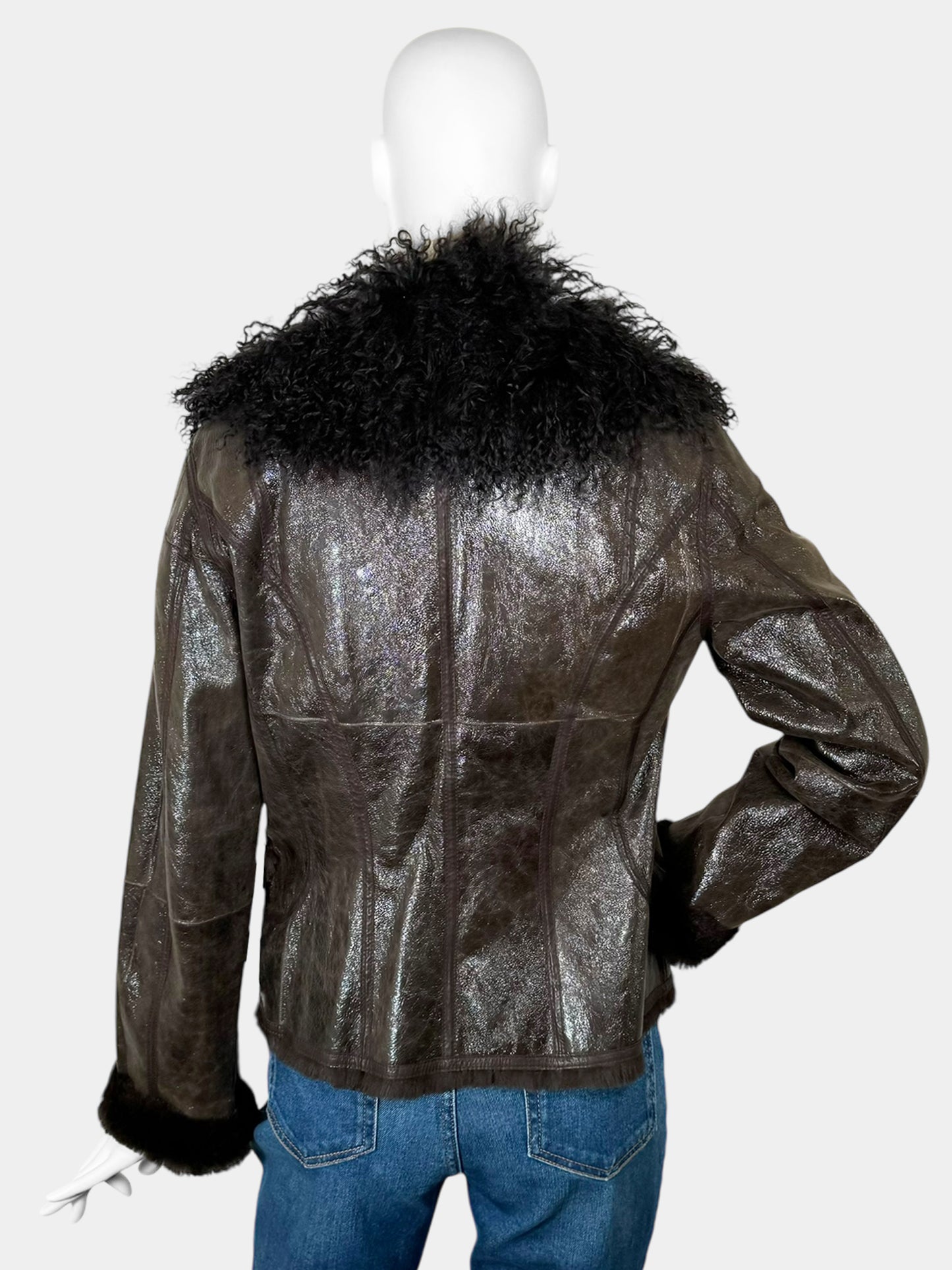 Fur Trim Patent Leather Jacket - Size 3