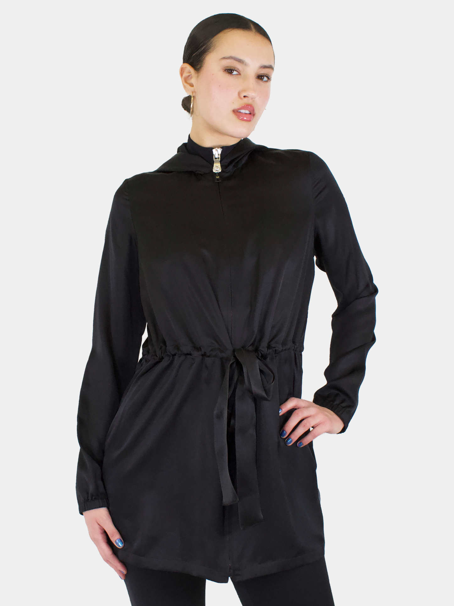 Silk Cinched Waist Zip-Up Coat - Size 2