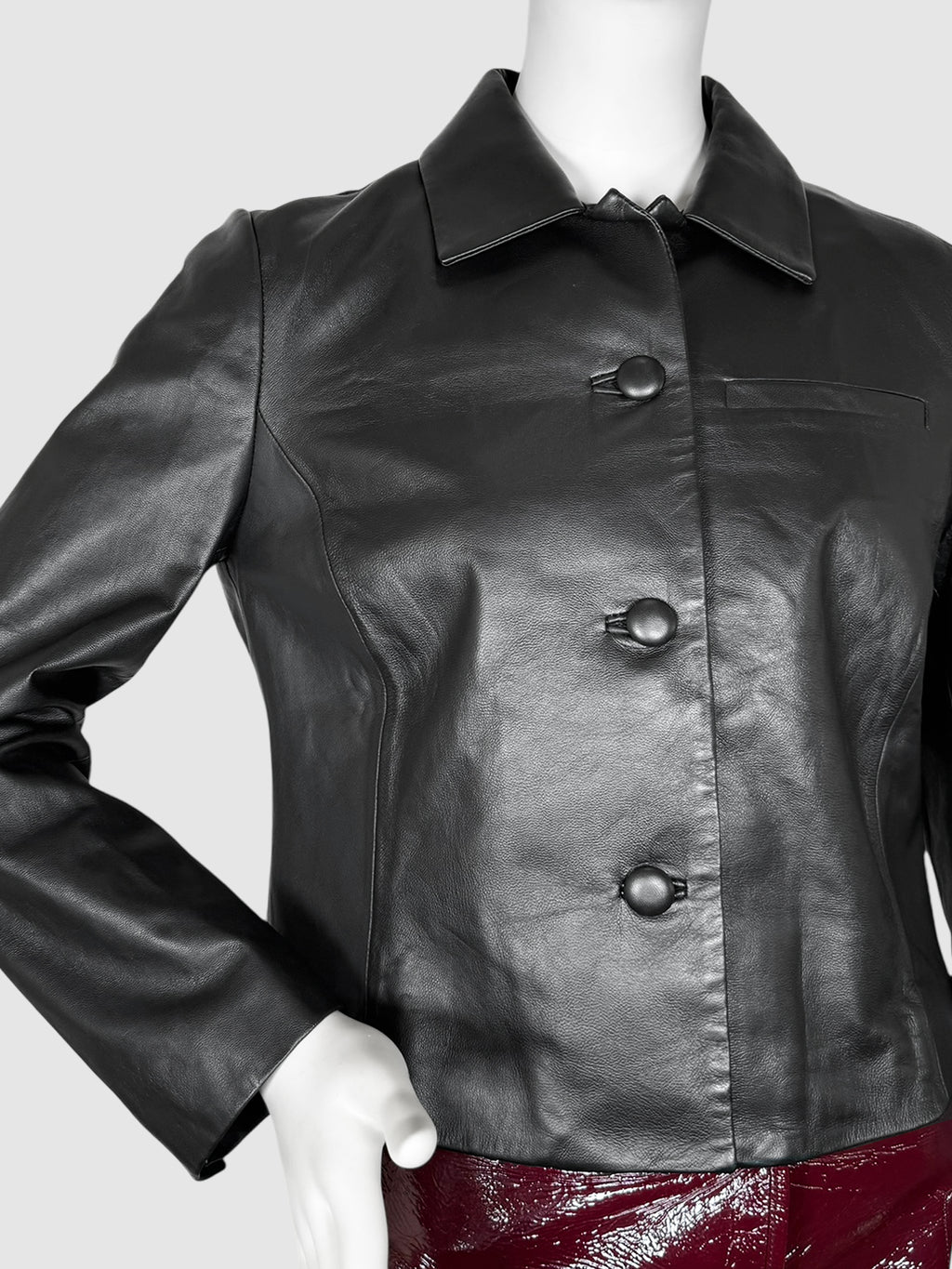 Cropped Button-Up Leather Jacket - Size 4