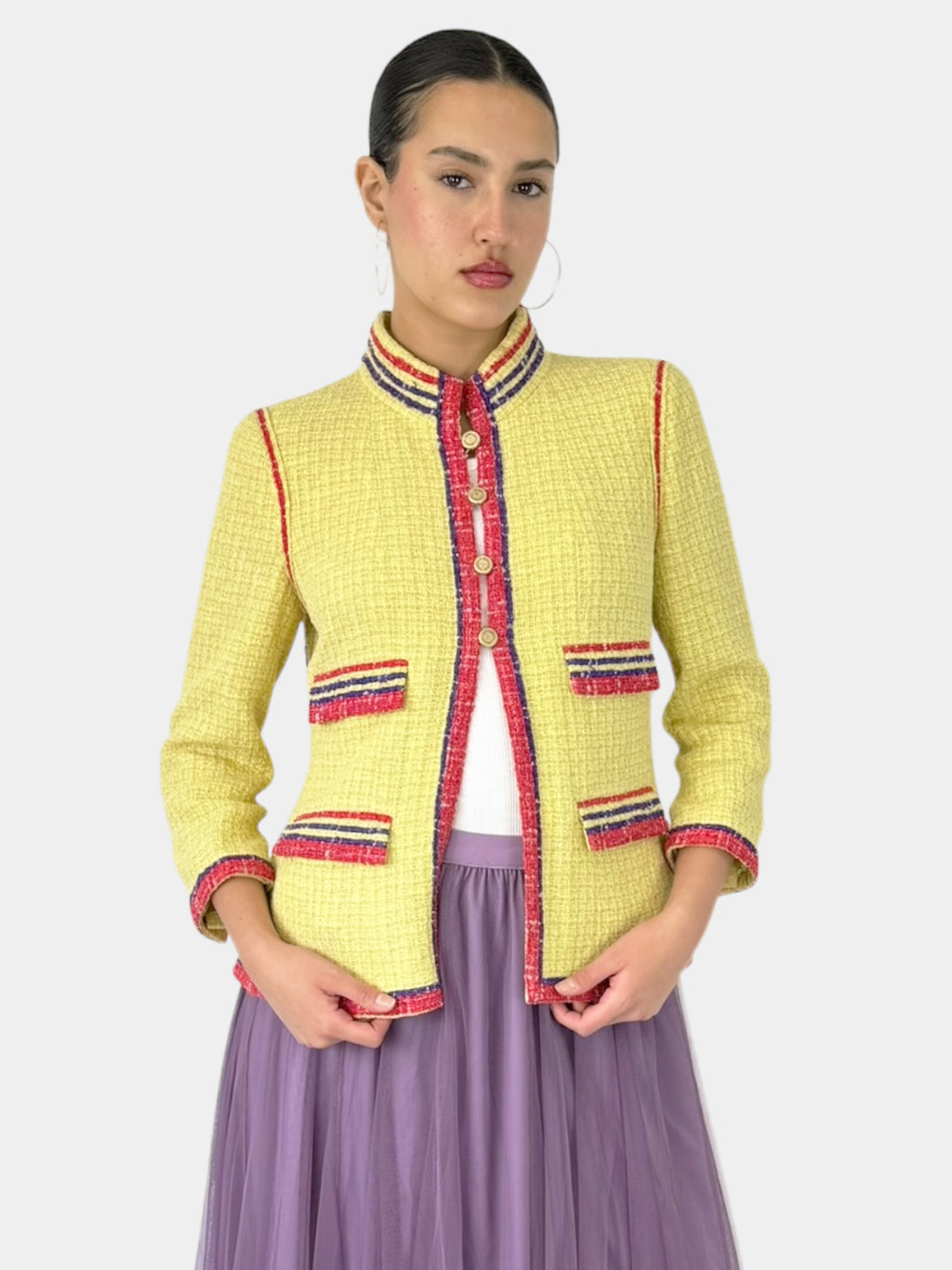 Chanel Yellow 2006 Pink and Purple Stripe Trim Blazer with Gold-Tone Button Closure, Size 42 Luxury Designer Resale Consignment Vintage Secondhand Toronto