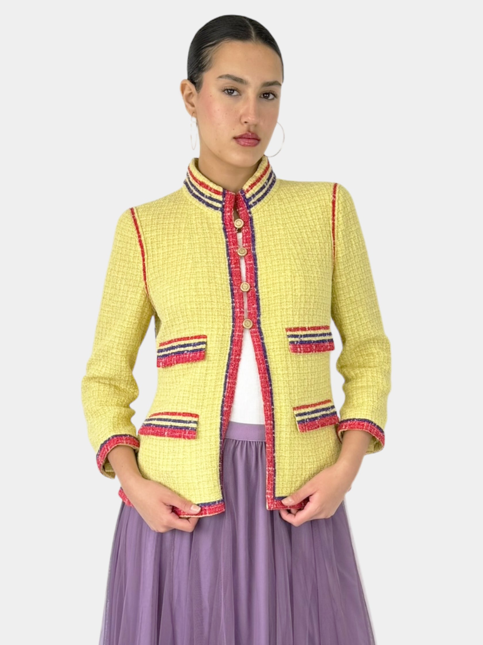 Chanel Yellow 2006 Pink and Purple Stripe Trim Blazer with Gold-Tone Button Closure, Size 42 Luxury Designer Resale Consignment Vintage Secondhand Toronto