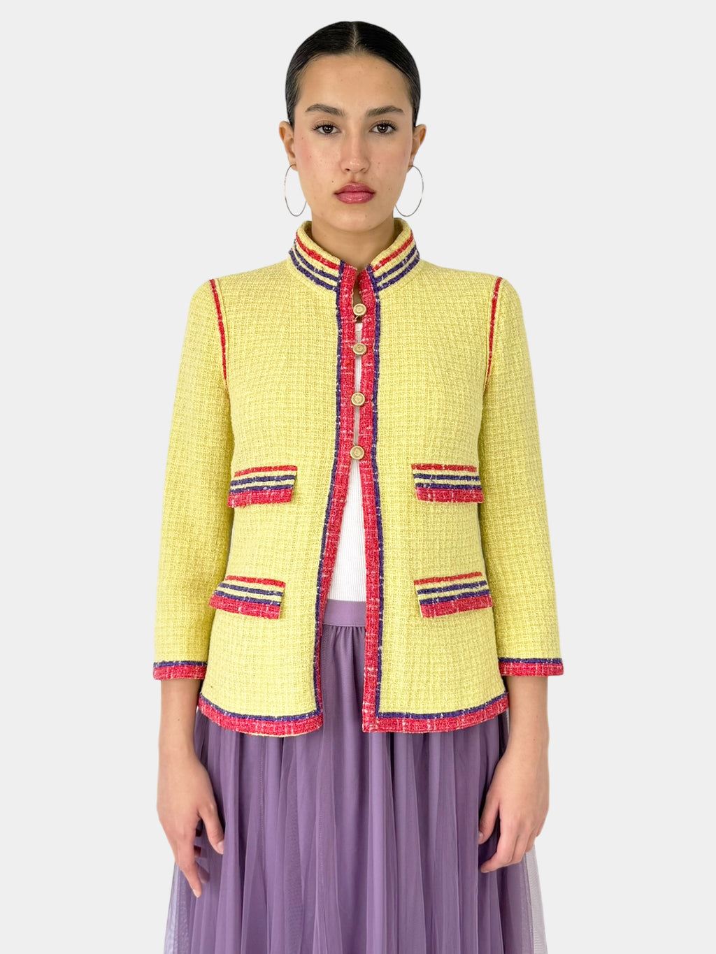 Chanel Yellow 2006 Pink and Purple Stripe Trim Blazer with Gold-Tone Button Closure, Size 42 Luxury Designer Resale Consignment Vintage Secondhand Toronto