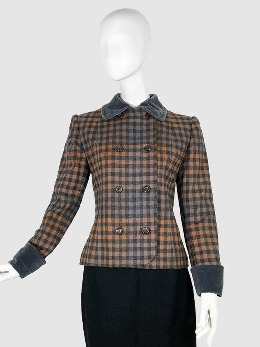 Gingham Double-Breasted Wool Jacket - Size 38