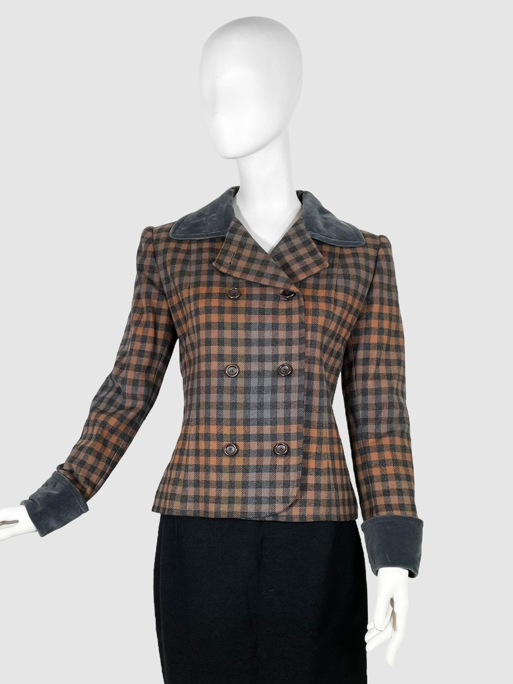 Gingham Double-Breasted Wool Jacket - Size 38