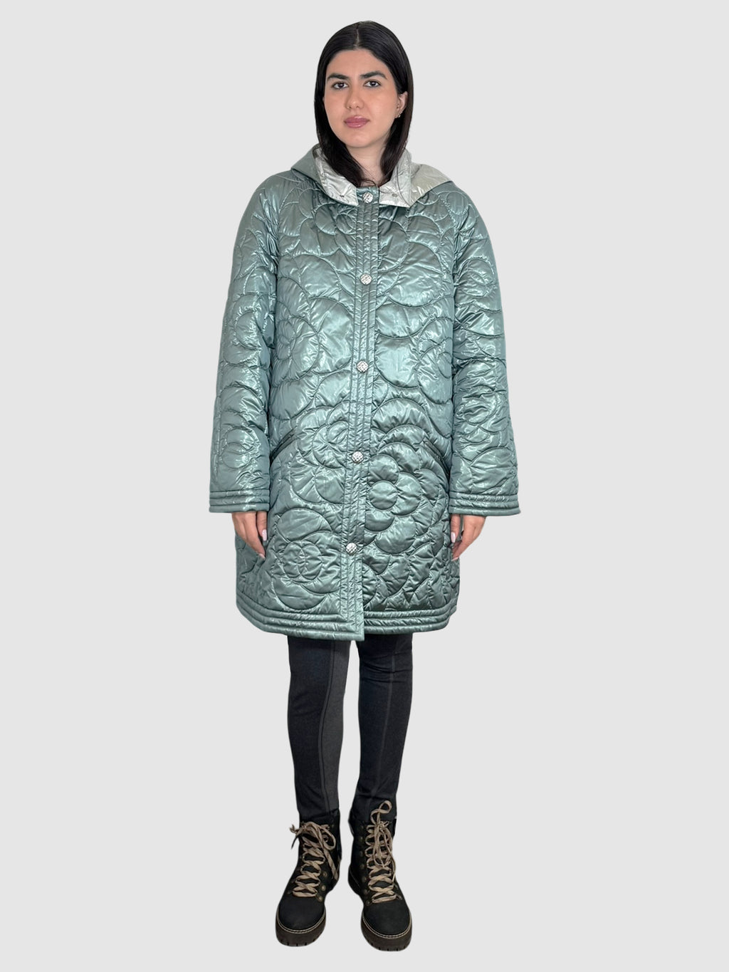 Chanel Metallic Green Coco Neige Quilted Puffer Jacket with Snap Button Closure, Size 48 luxury designer resale consignment toronto secondhand canada
