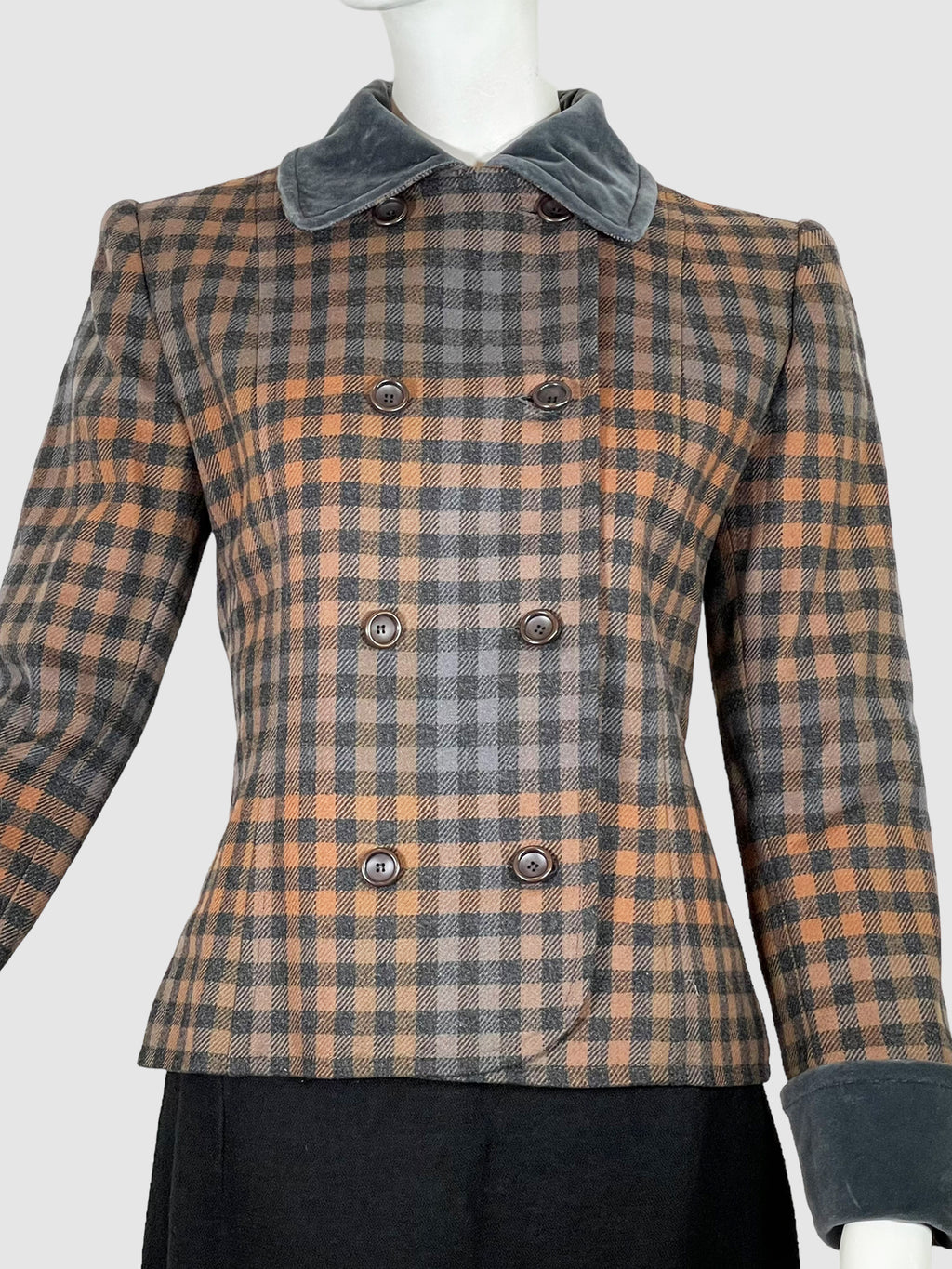 Gingham Double-Breasted Wool Jacket - Size 38