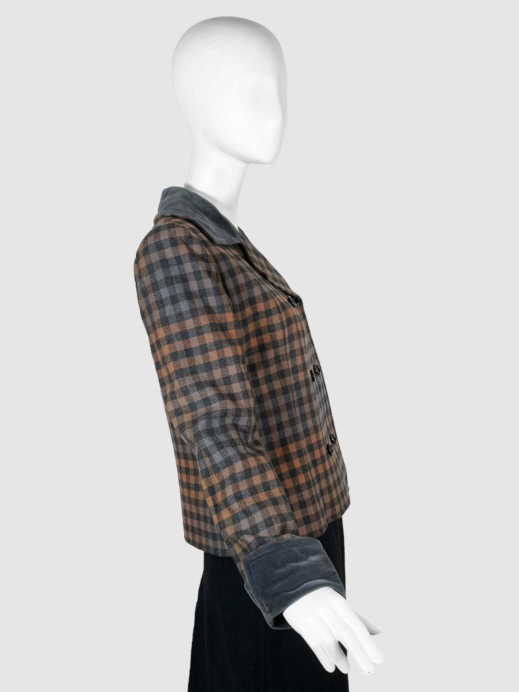 Gingham Double-Breasted Wool Jacket - Size 38