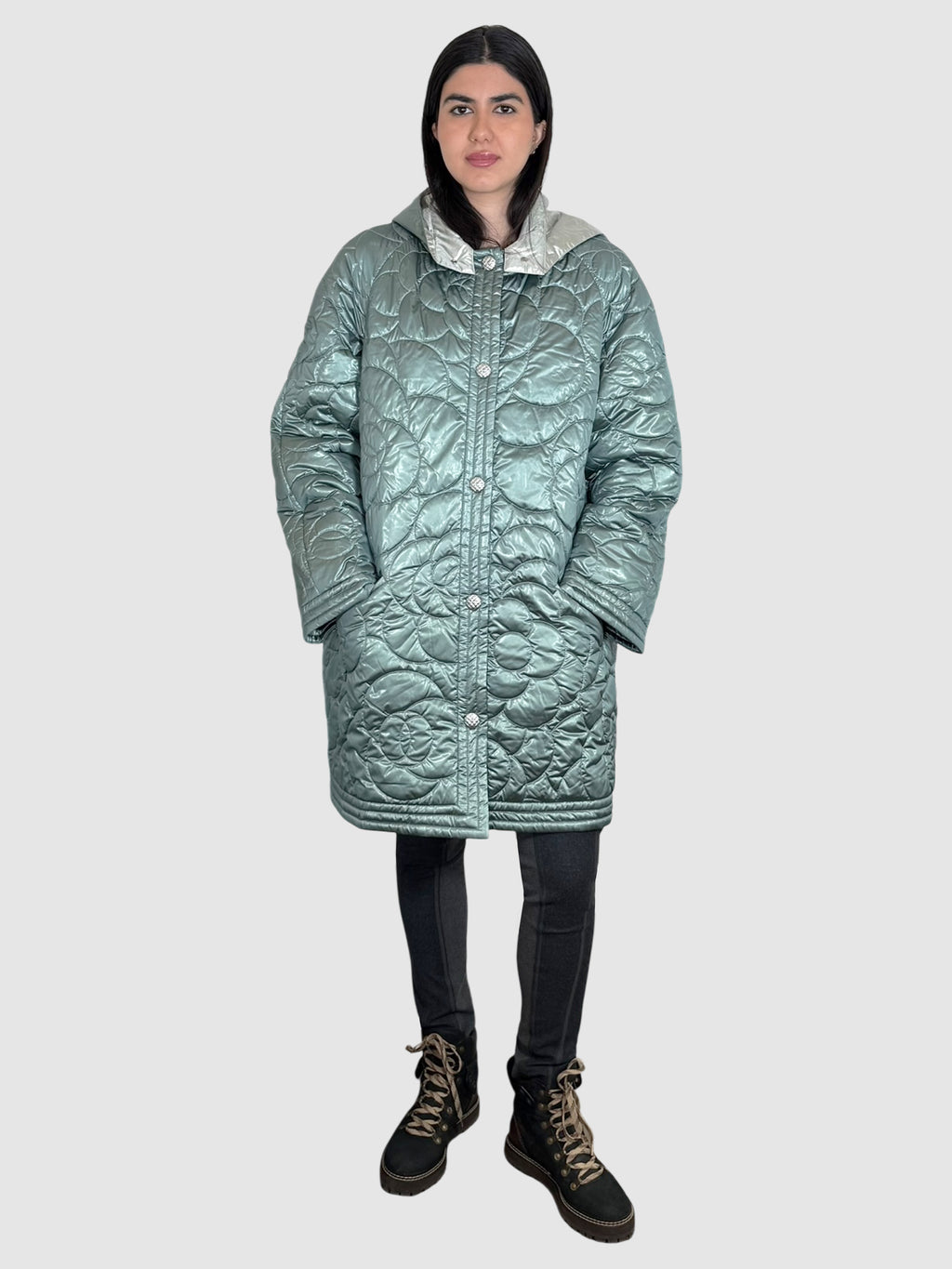 Chanel Metallic Green Coco Neige Quilted Puffer Jacket with Snap Button Closure, Size 48 luxury designer resale consignment toronto secondhand canada