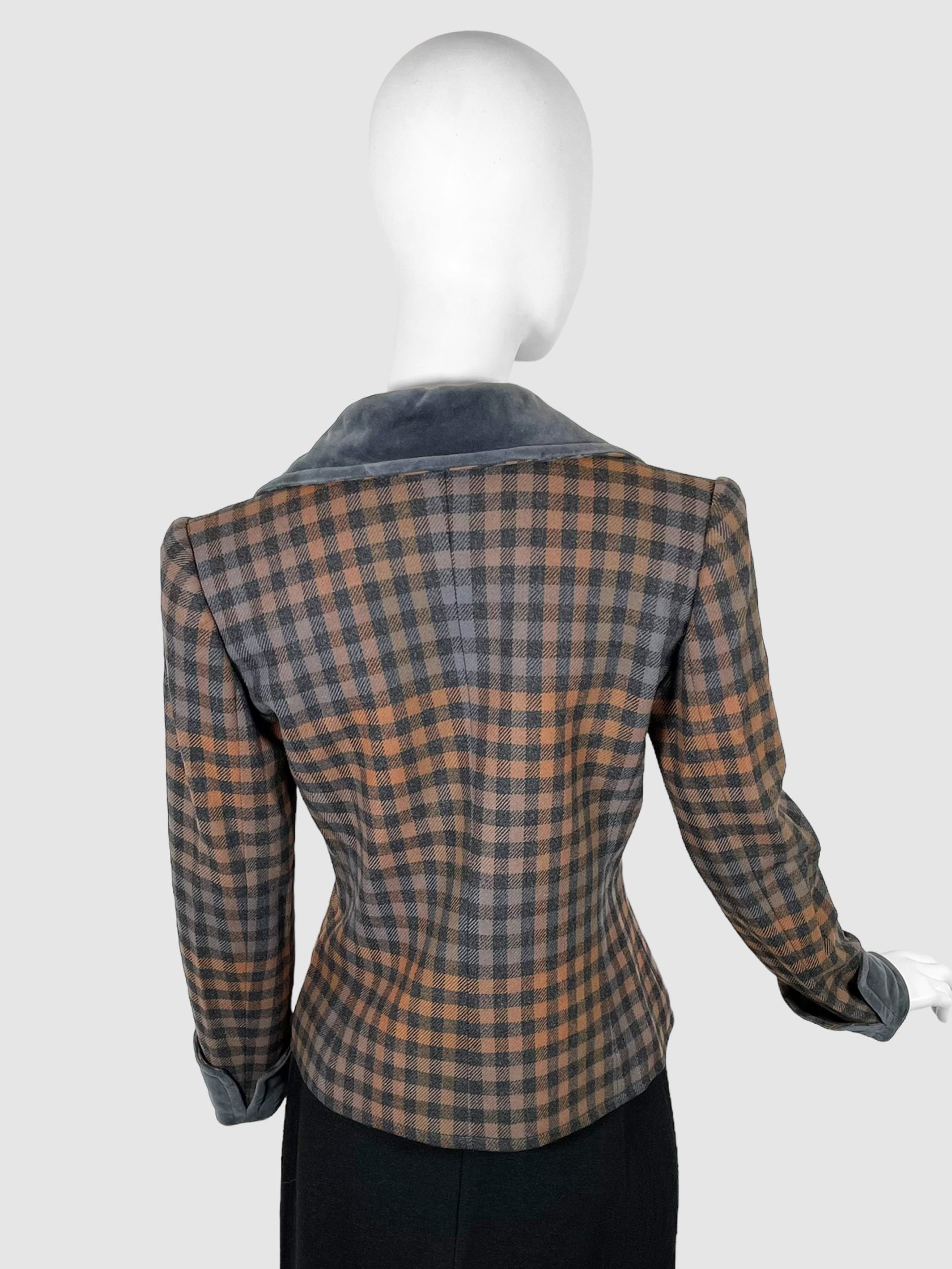 Gingham Double-Breasted Wool Jacket - Size 38