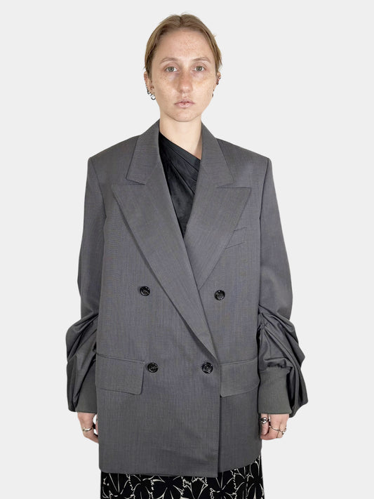 Junya Watanabe by Comme des Garçons Grey Double-Breasted Oversized Wool Blazer with Pleated and Ribbed Sleeves, Size Small Luxury Designer Resale Consignment