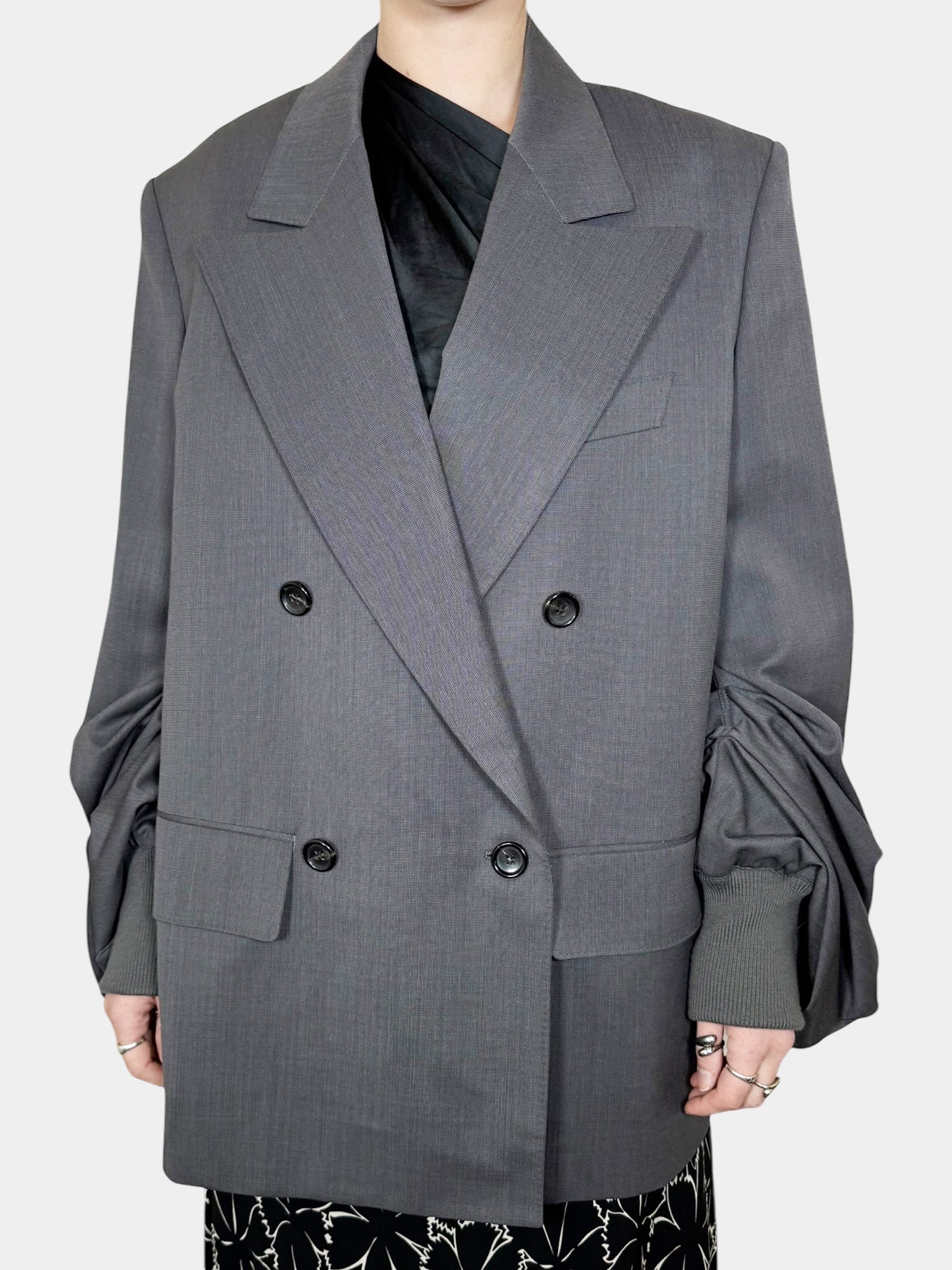 Junya Watanabe by Comme des Garçons Grey Double-Breasted Oversized Wool Blazer with Pleated and Ribbed Sleeves, Size Small Luxury Designer Resale Consignment