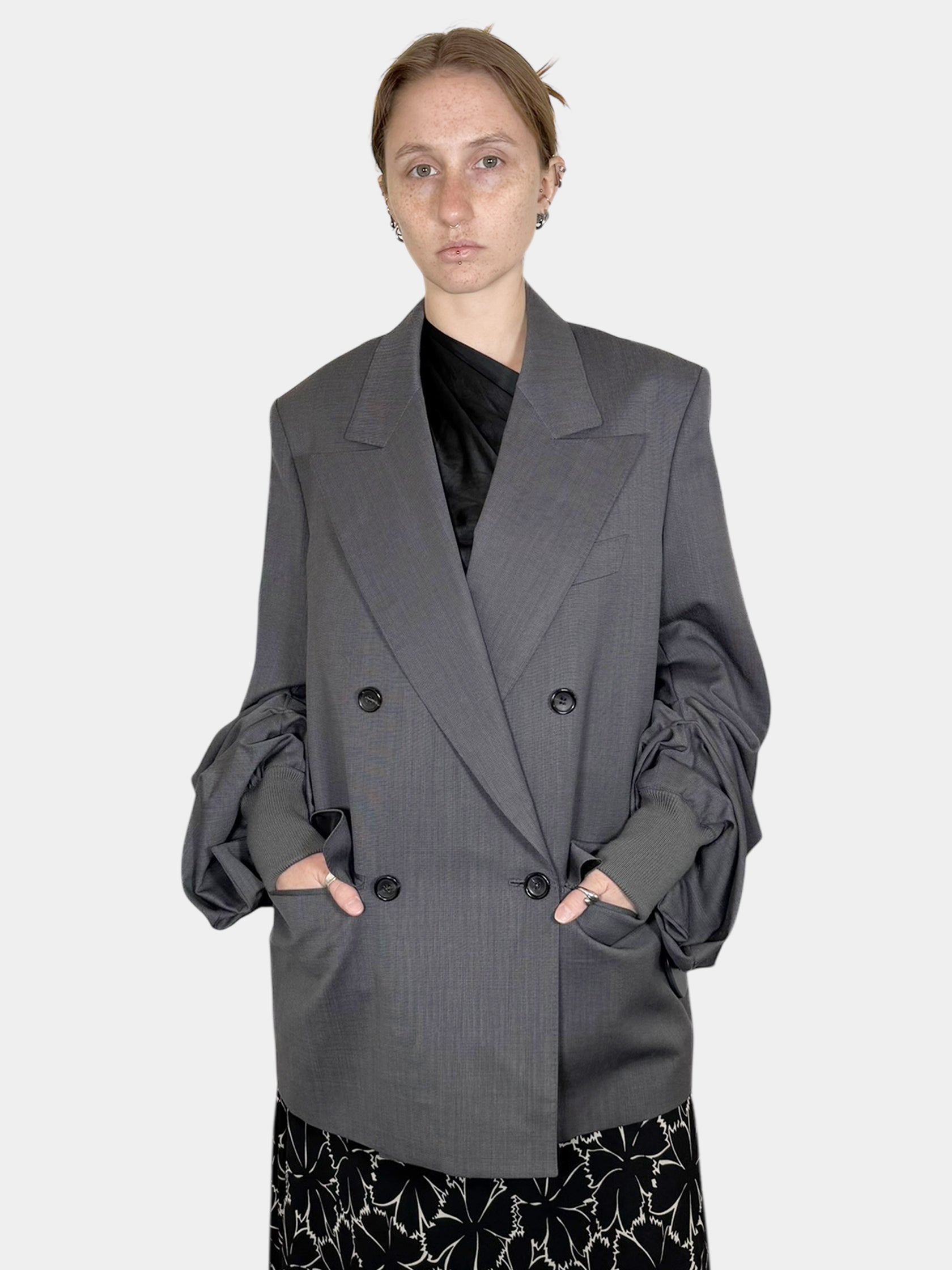 Junya Watanabe by Comme des Garçons Grey Double-Breasted Oversized Wool Blazer with Pleated and Ribbed Sleeves, Size Small Luxury Designer Resale Consignment