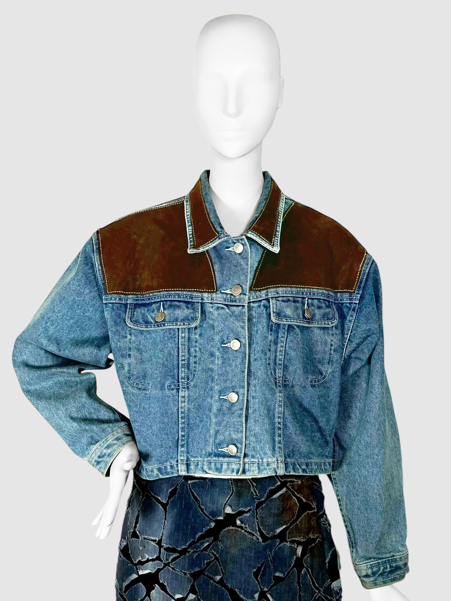 Cropped Suede Trim Denim Jacket - Size M/L