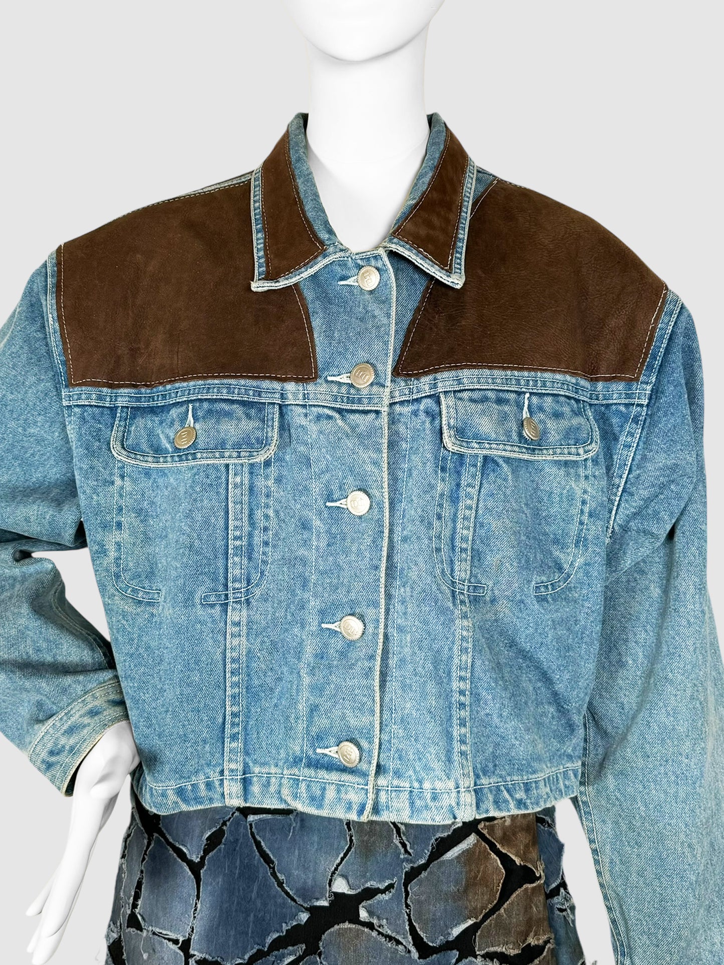 Cropped Suede Trim Denim Jacket - Size M/L