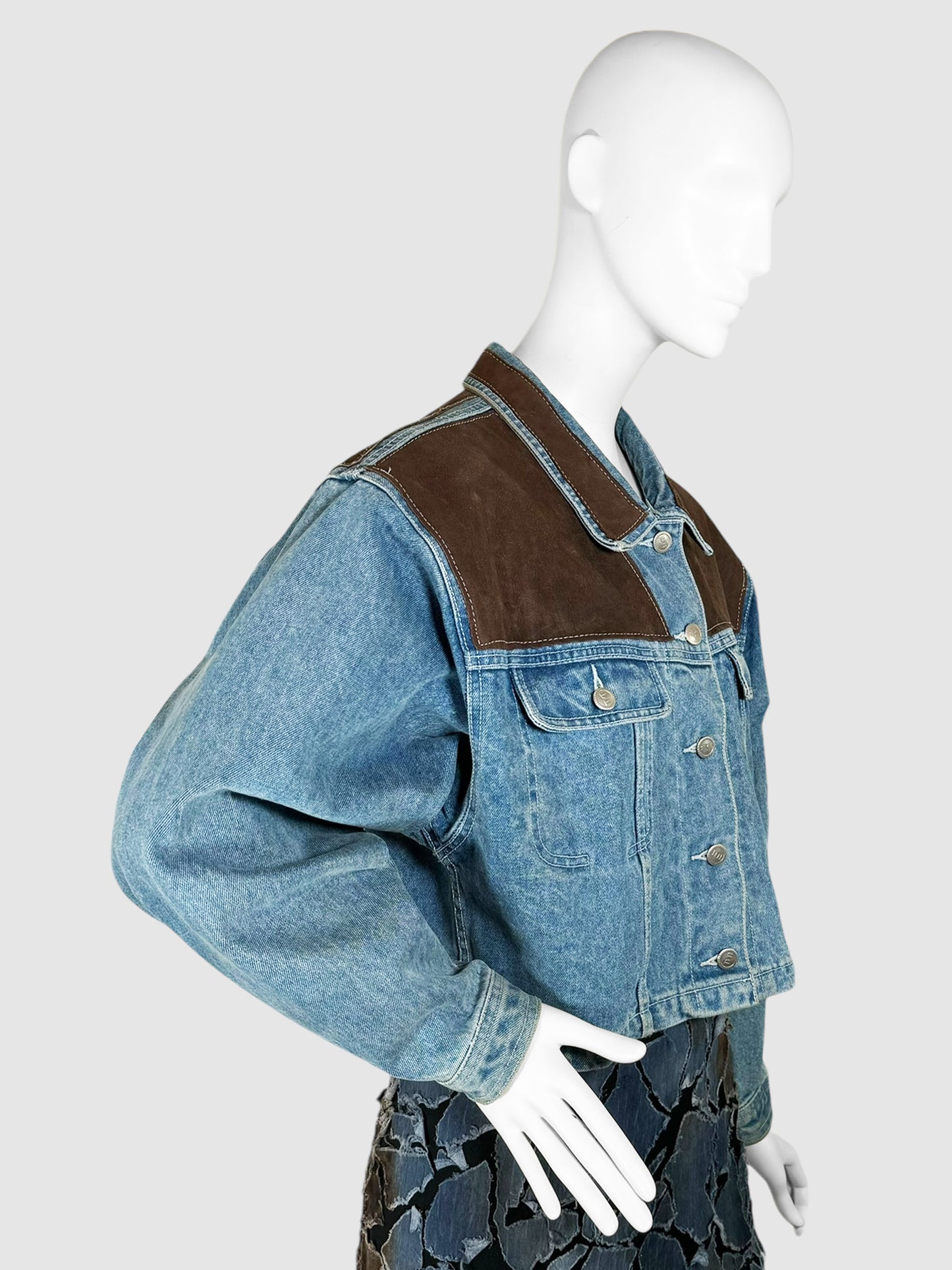 Cropped Suede Trim Denim Jacket - Size M/L