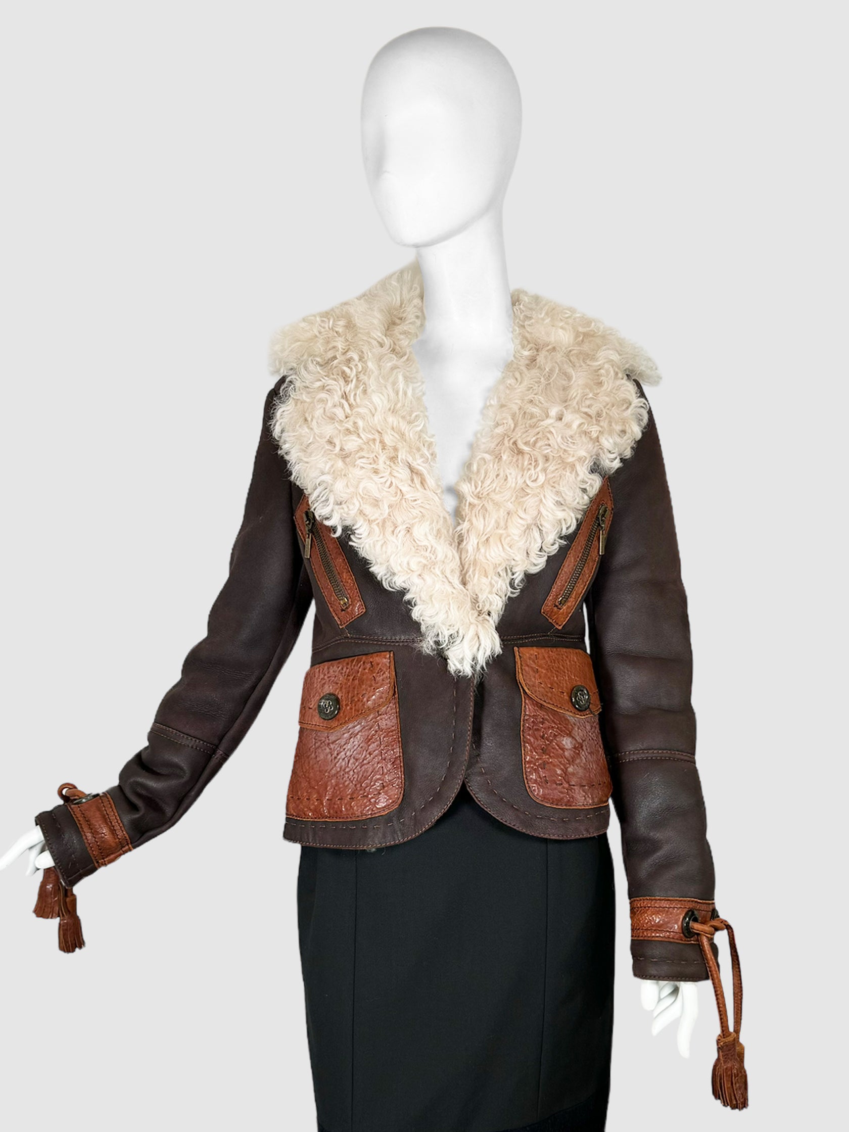 Just Cavalli Leather Jacket with Sherpa Collar - Size S