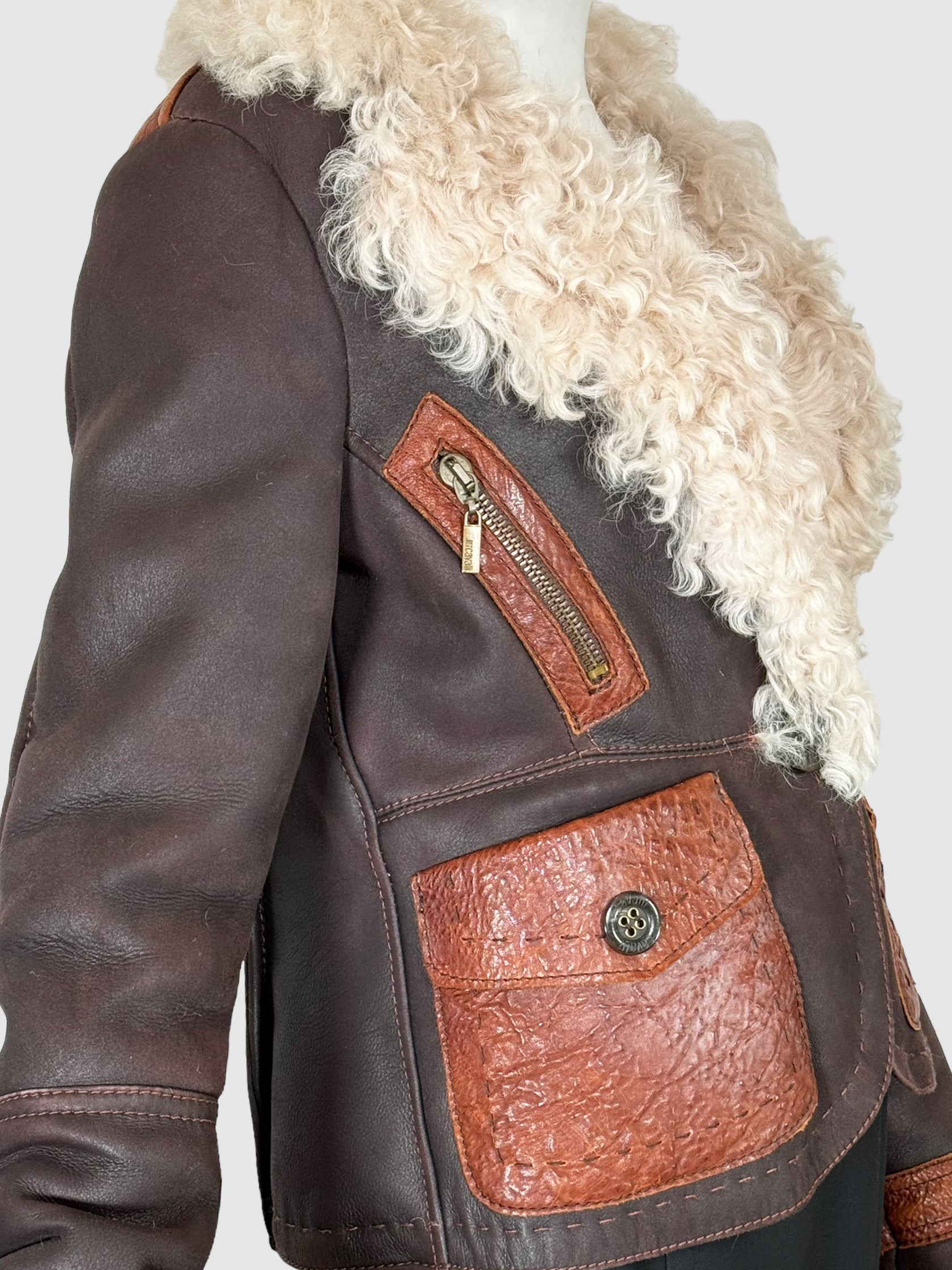 Just Cavalli Leather Jacket with Sherpa Collar - Size S