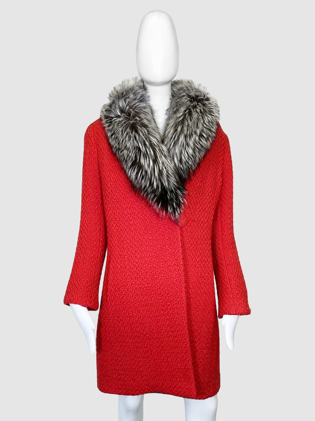 Knitted Coat with Fur Trim Collar - Size 44