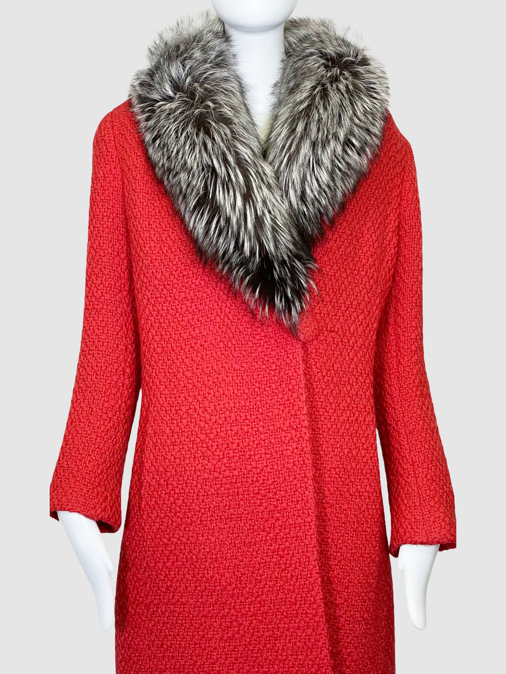 Knitted Coat with Fur Trim Collar - Size 44