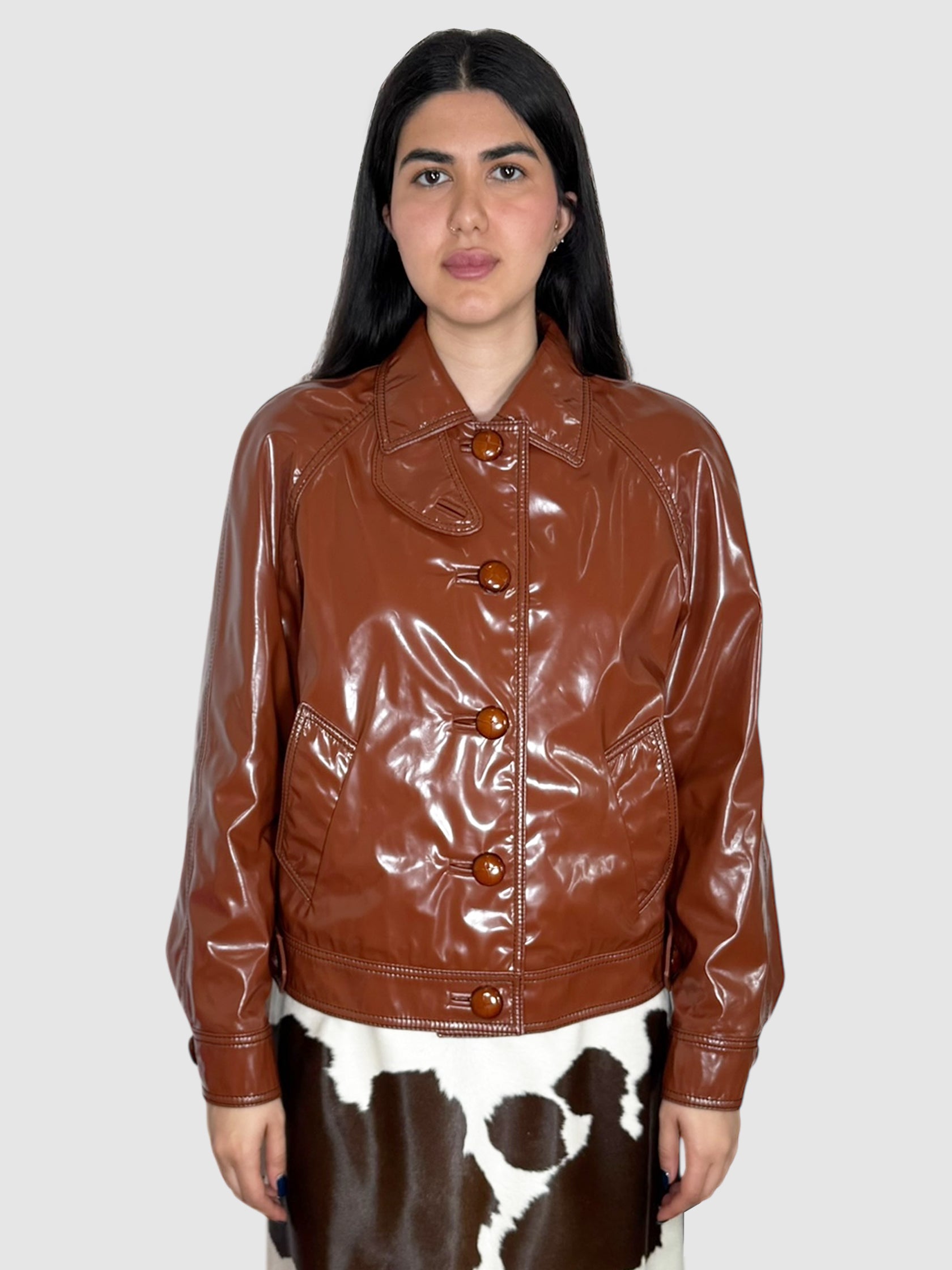 Prada Brown Vinyl Button-Up Jacket, Size 42 Luxury Designer Resale Consignment Toronto Canada Secondhand Trendy